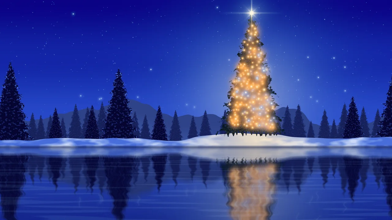 Royal Blue Christmas Tree by a Lake desktop wallpaper in 4K