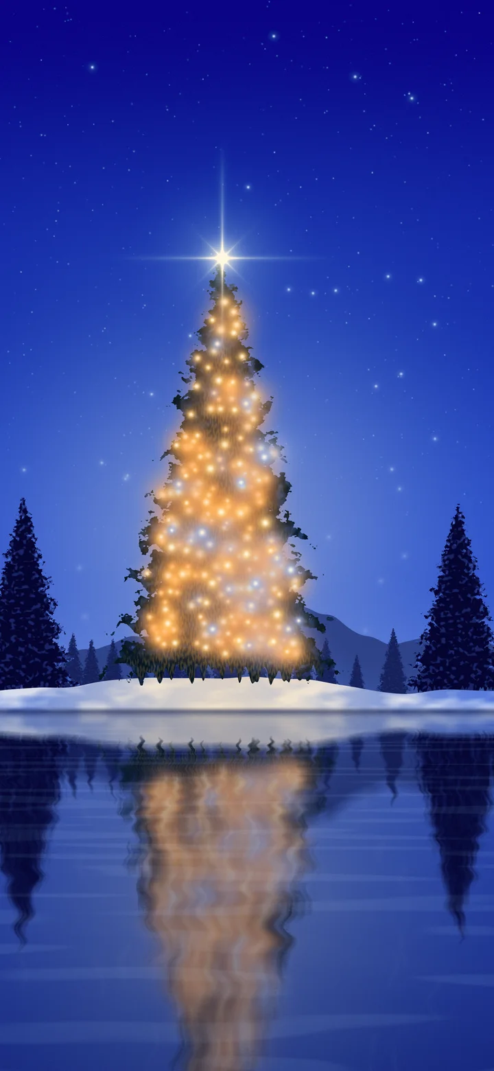 Royal Blue Christmas Tree by a Lake wallpaper for iPhone and Android