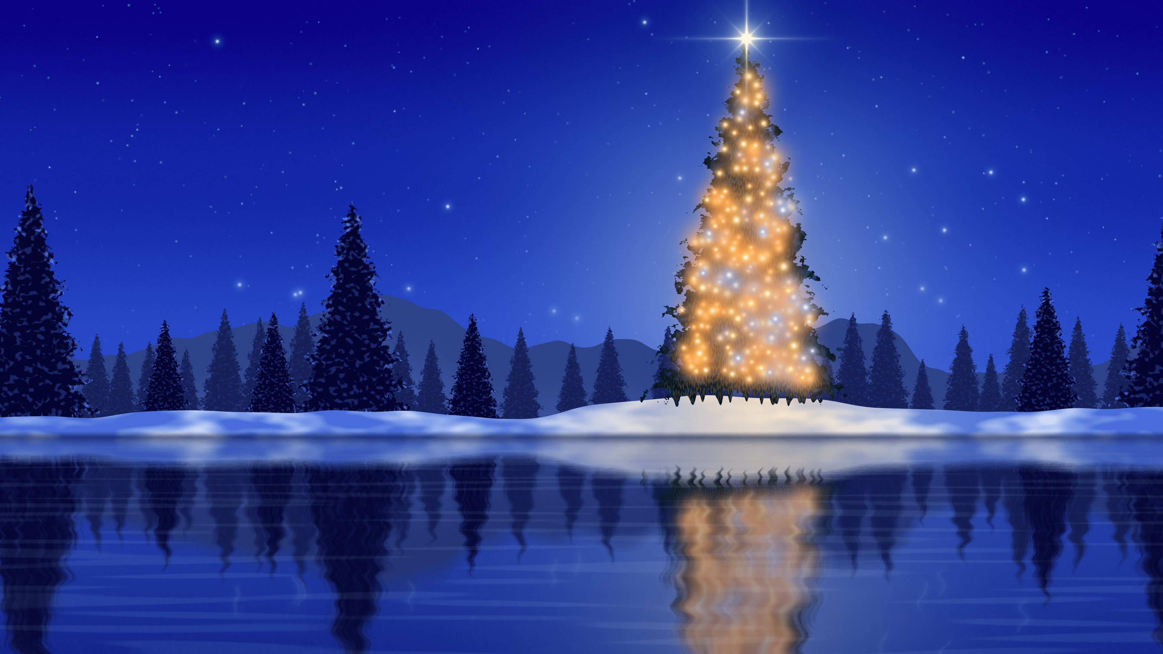 Royal Blue Christmas Tree by a Lake desktop wallpaper in 4K