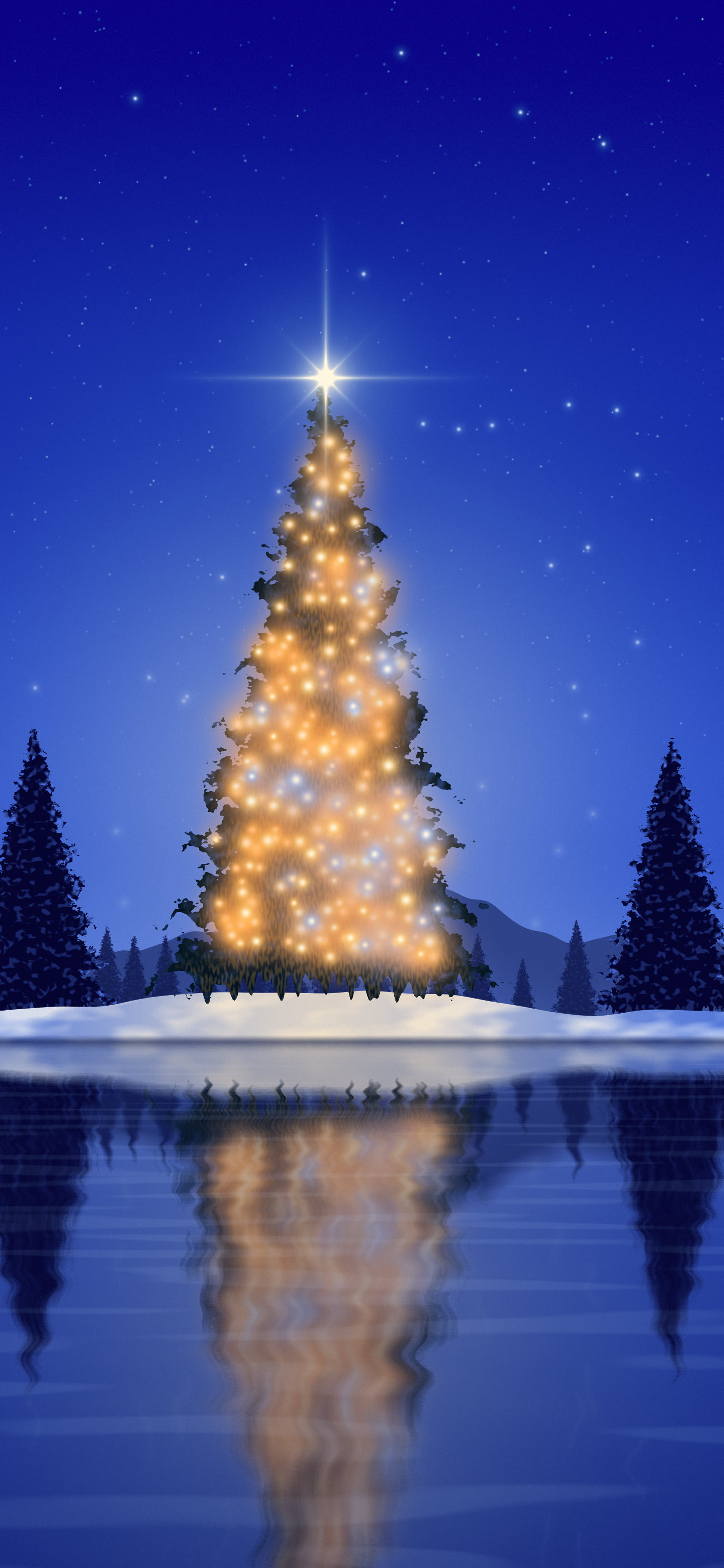 Royal Blue Christmas Tree by a Lake wallpaper for iPhone and Android