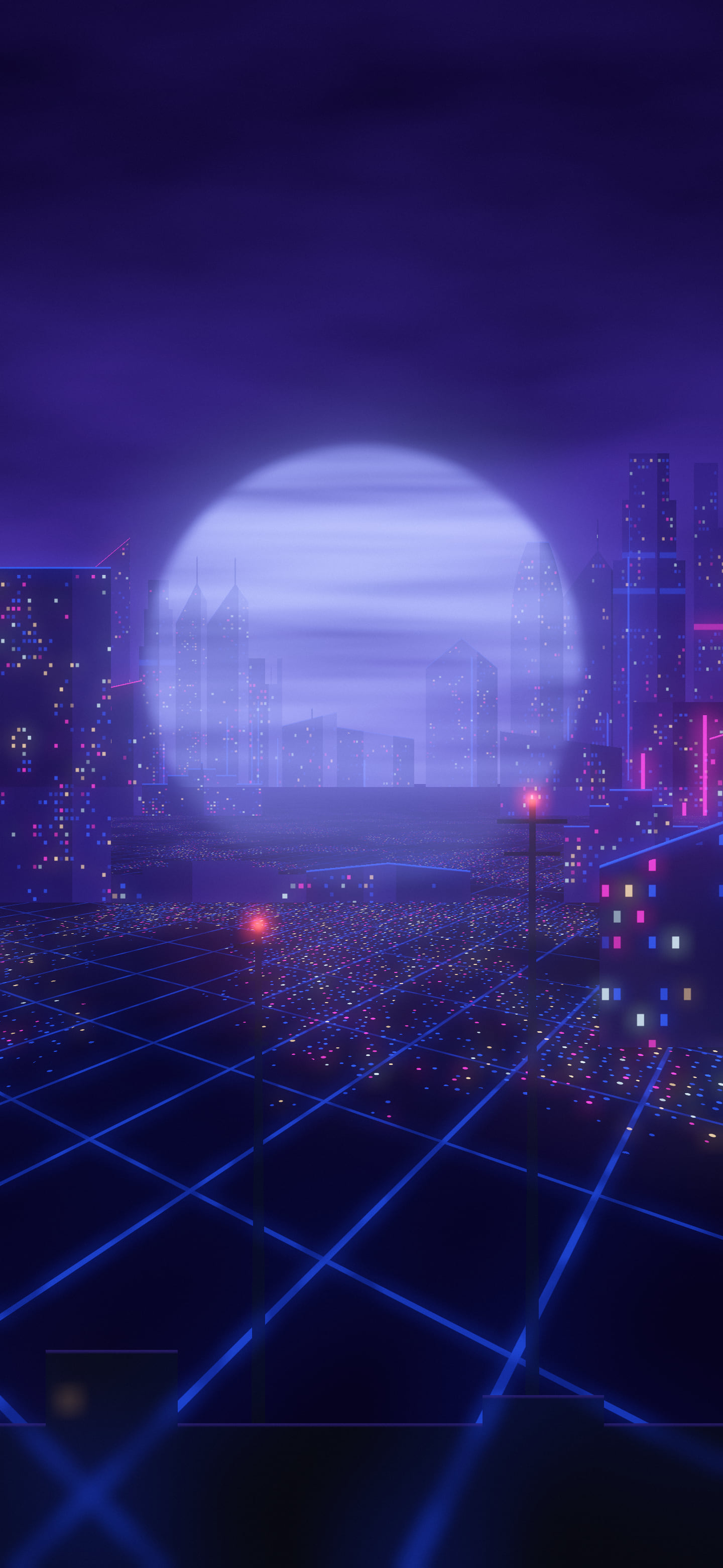 Royal Blue Cyberpunk City Rooftop wallpaper for iPhone and Android