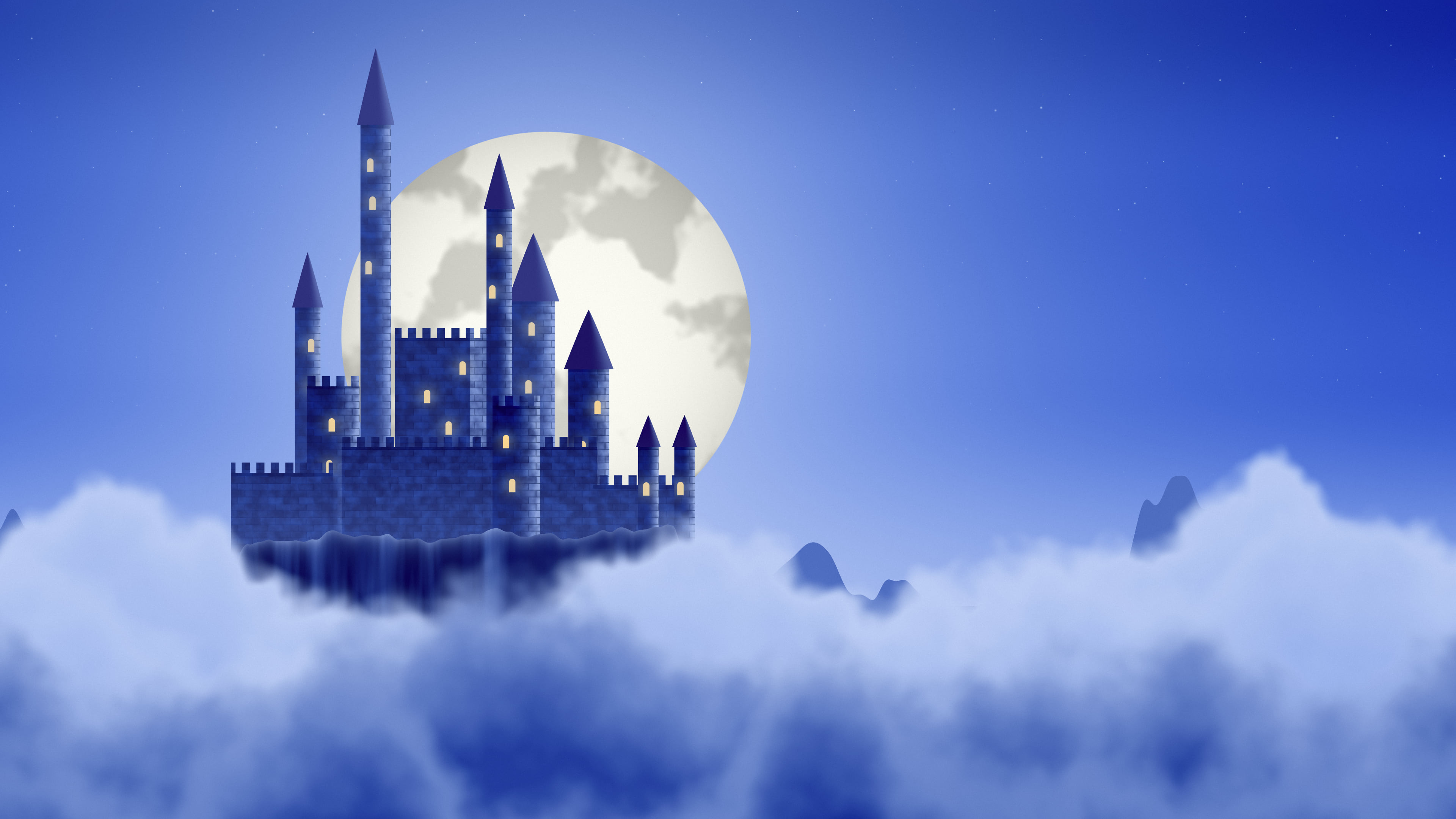 Royal Blue Fantasy Castle in the Clouds desktop wallpaper in 4K