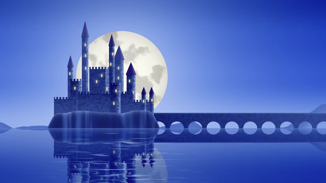 Royal Blue Fantasy Castle on a Lake desktop wallpaper in 4K