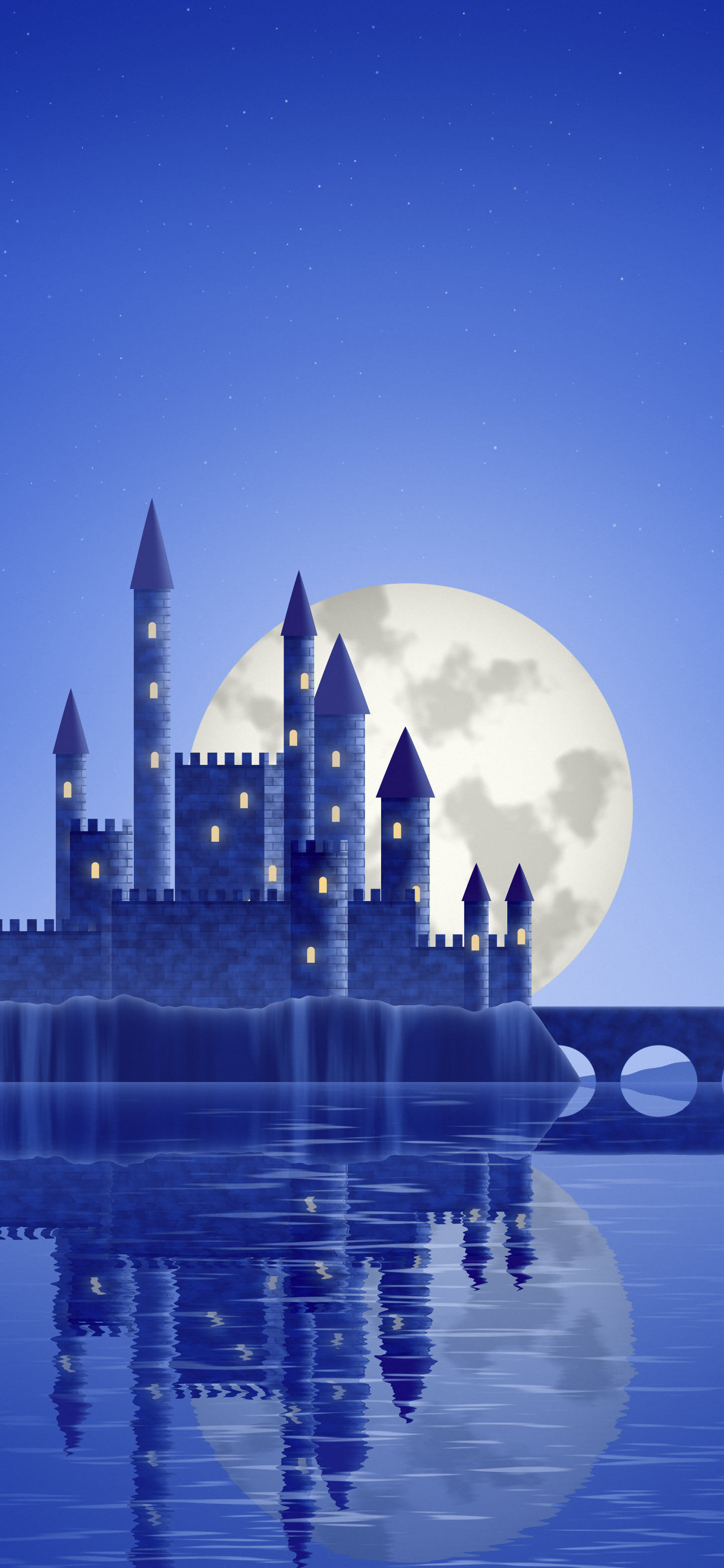 Royal Blue Fantasy Castle on a Lake wallpaper for iPhone and Android