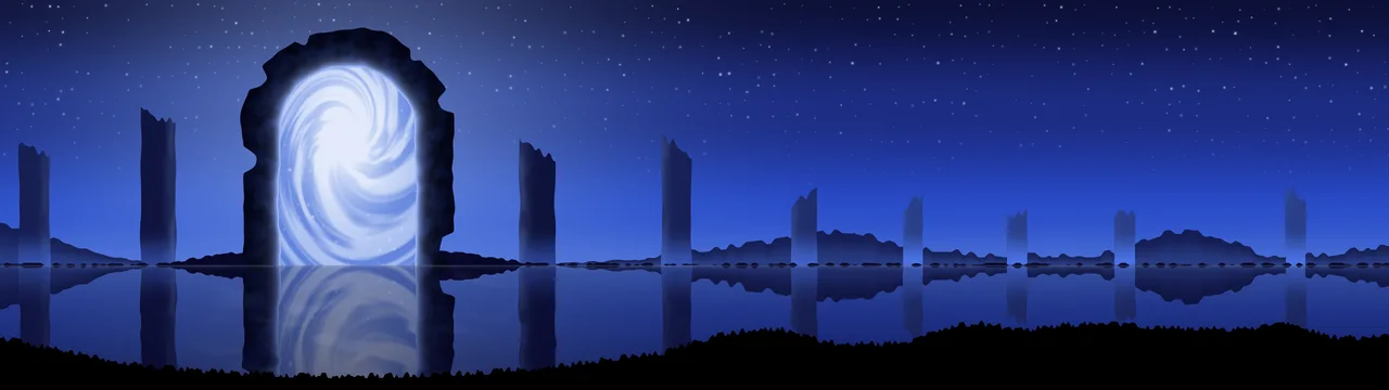 Royal Blue Fantasy Stone Portal dual monitor wallpaper, 7680 × 2160