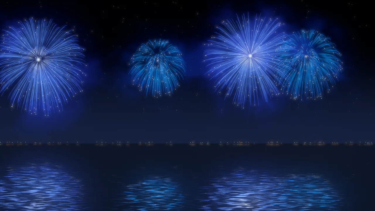 Royal Blue Fireworks Over Water desktop wallpaper in 4K