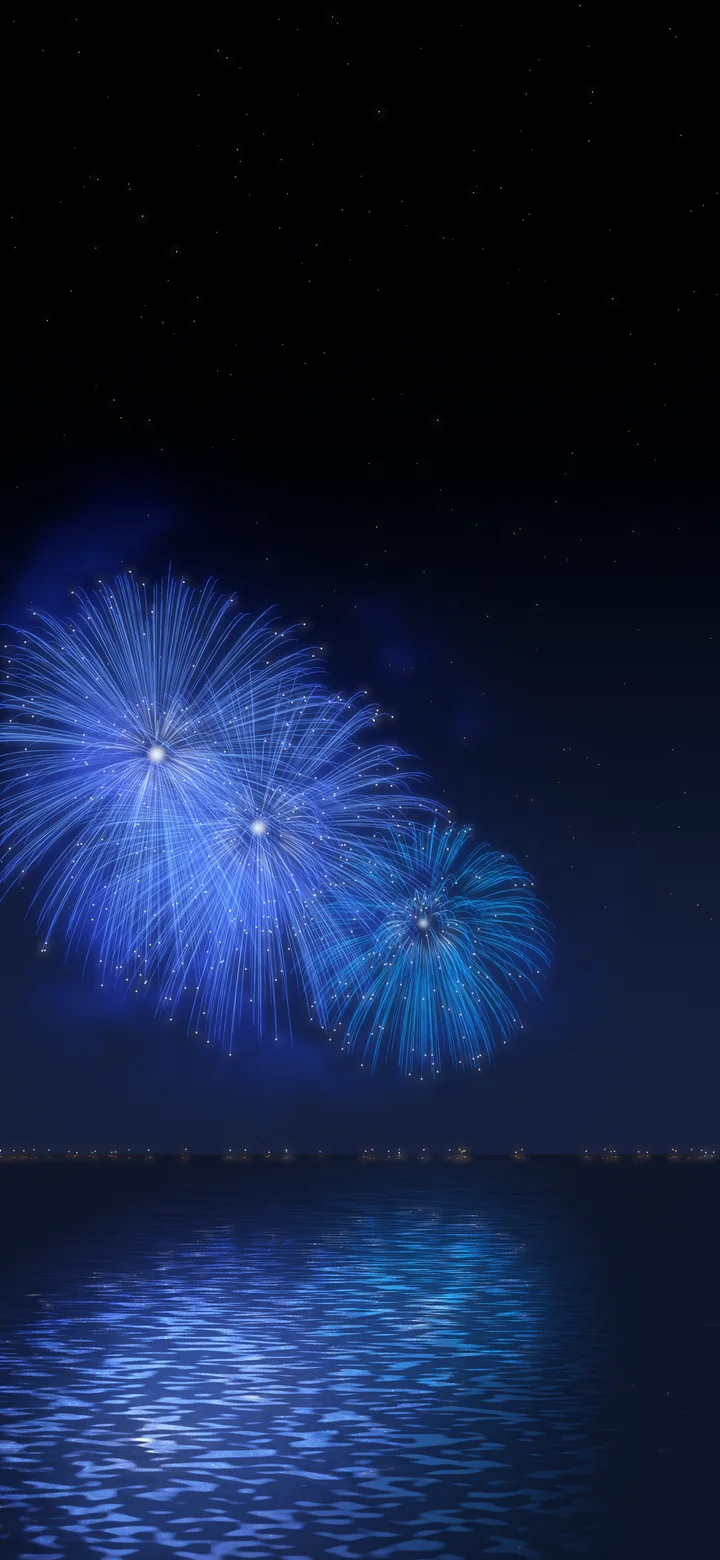 Royal Blue Fireworks Over Water wallpaper for iPhone and Android