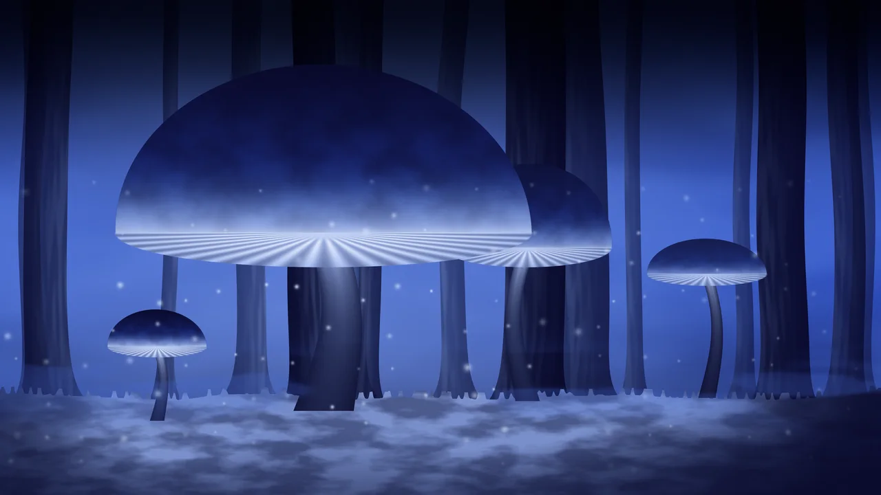 Royal Blue Glowing Mushroom Forest desktop wallpaper in 4K