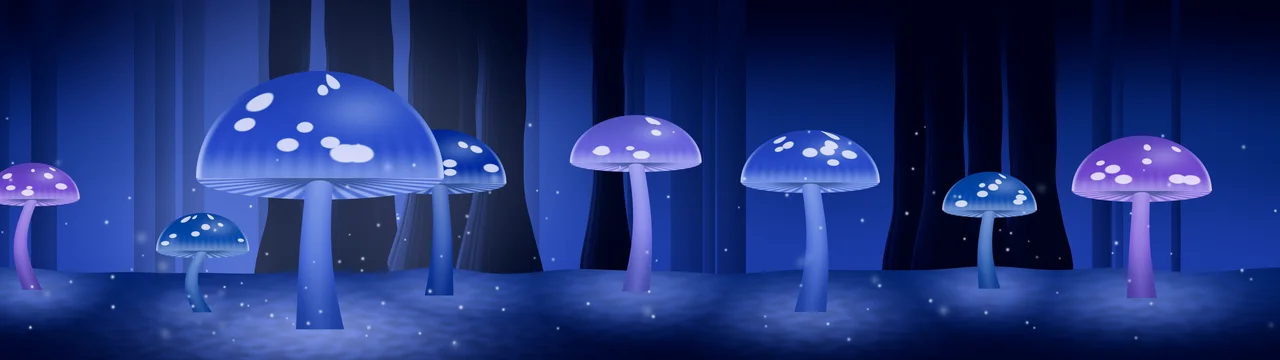 Royal Blue Glowing Mushrooms dual monitor wallpaper, 7680 × 2160