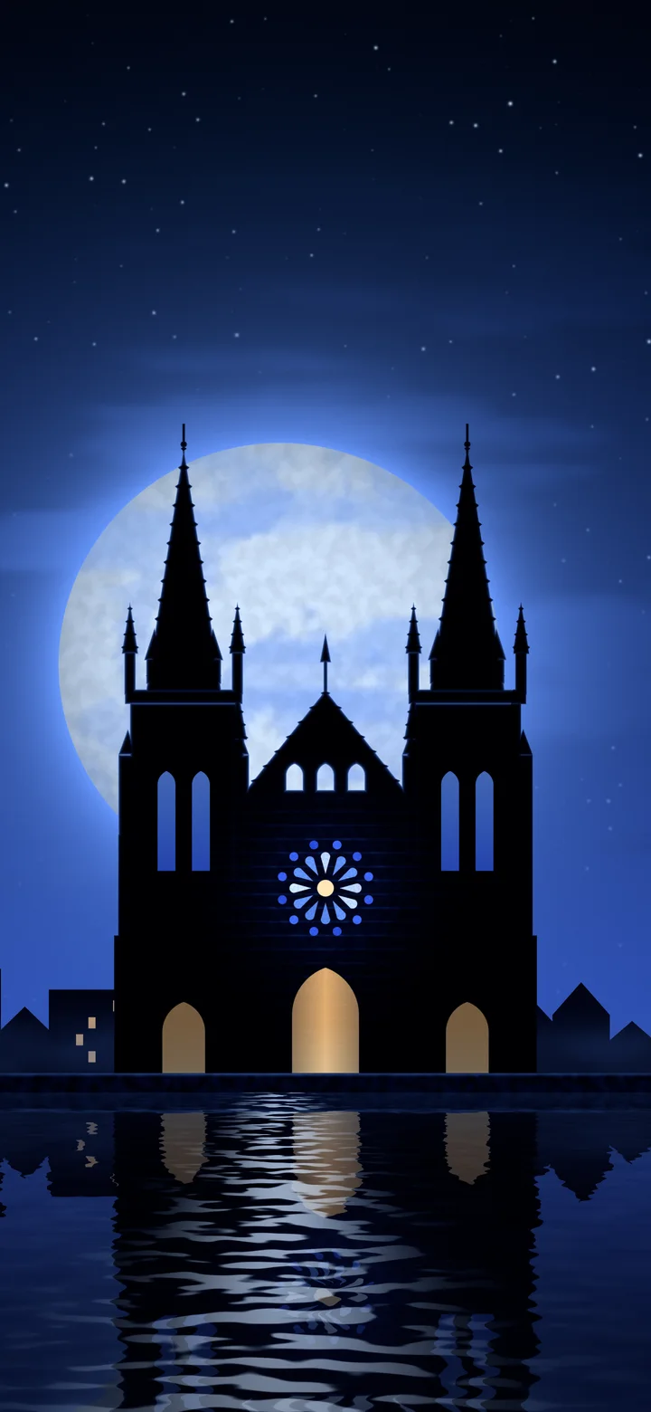 Royal Blue Gothic Cathedral and Full Moon wallpaper for iPhone and Android