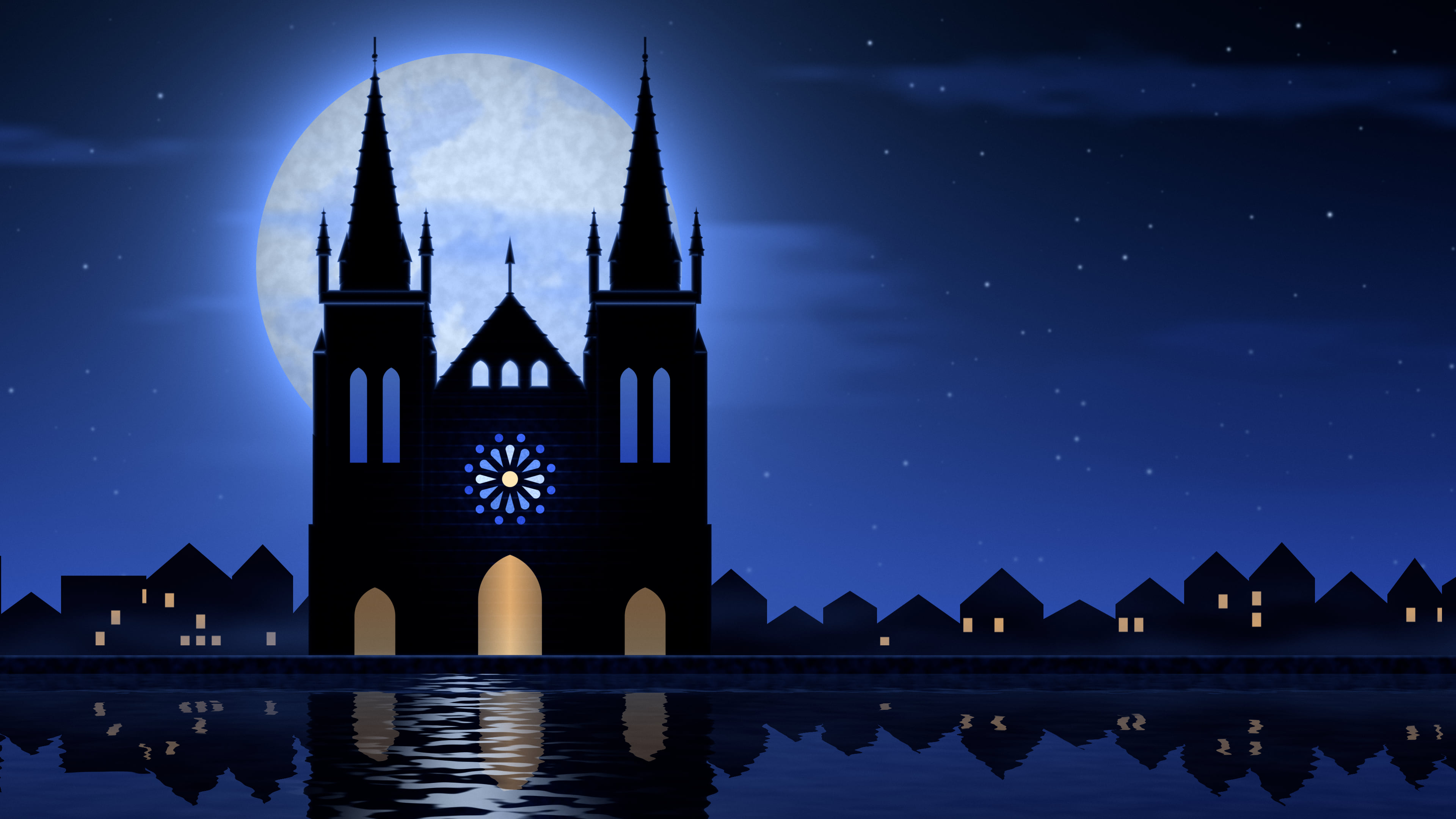 Royal Blue Gothic Cathedral and Full Moon desktop wallpaper in 4K