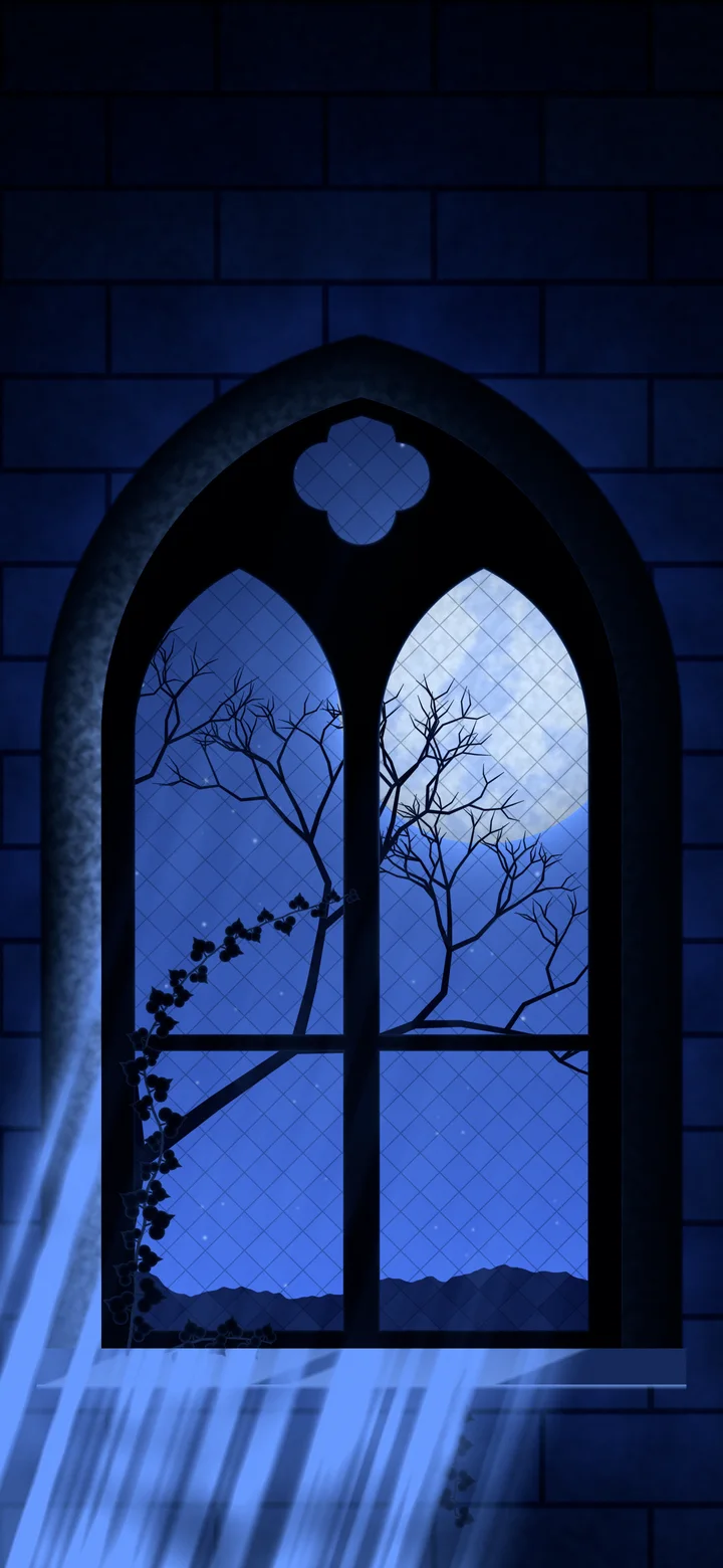 Royal Blue Gothic Window and Full Moon wallpaper for iPhone and Android
