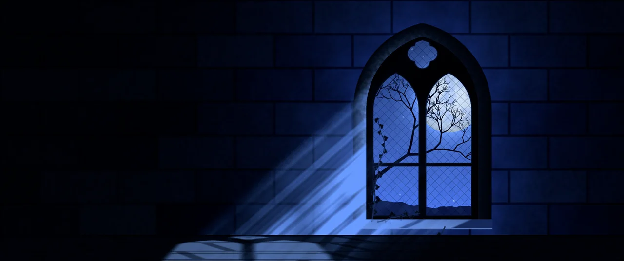 Royal Blue Gothic Window and Full Moon ultrawide wallpaper, 3440 × 1440