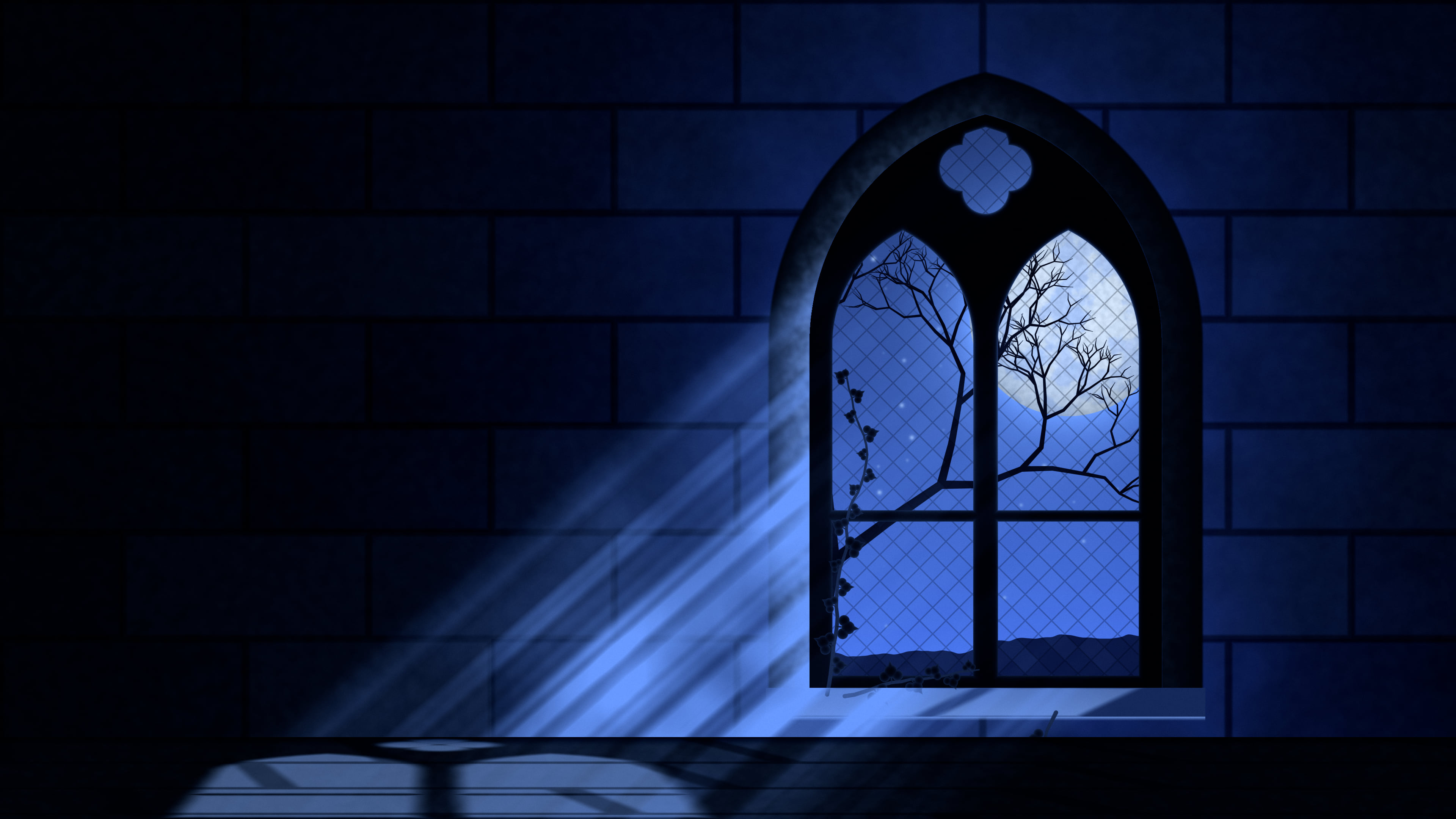 Royal Blue Gothic Window and Full Moon desktop wallpaper in 4K