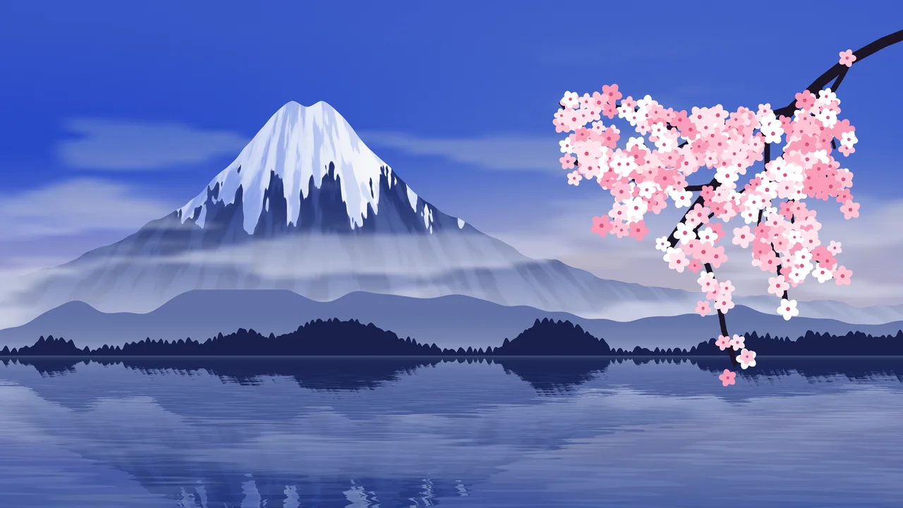 Royal Blue Japanese Mountain and Cherry Blossom desktop wallpaper in 4K