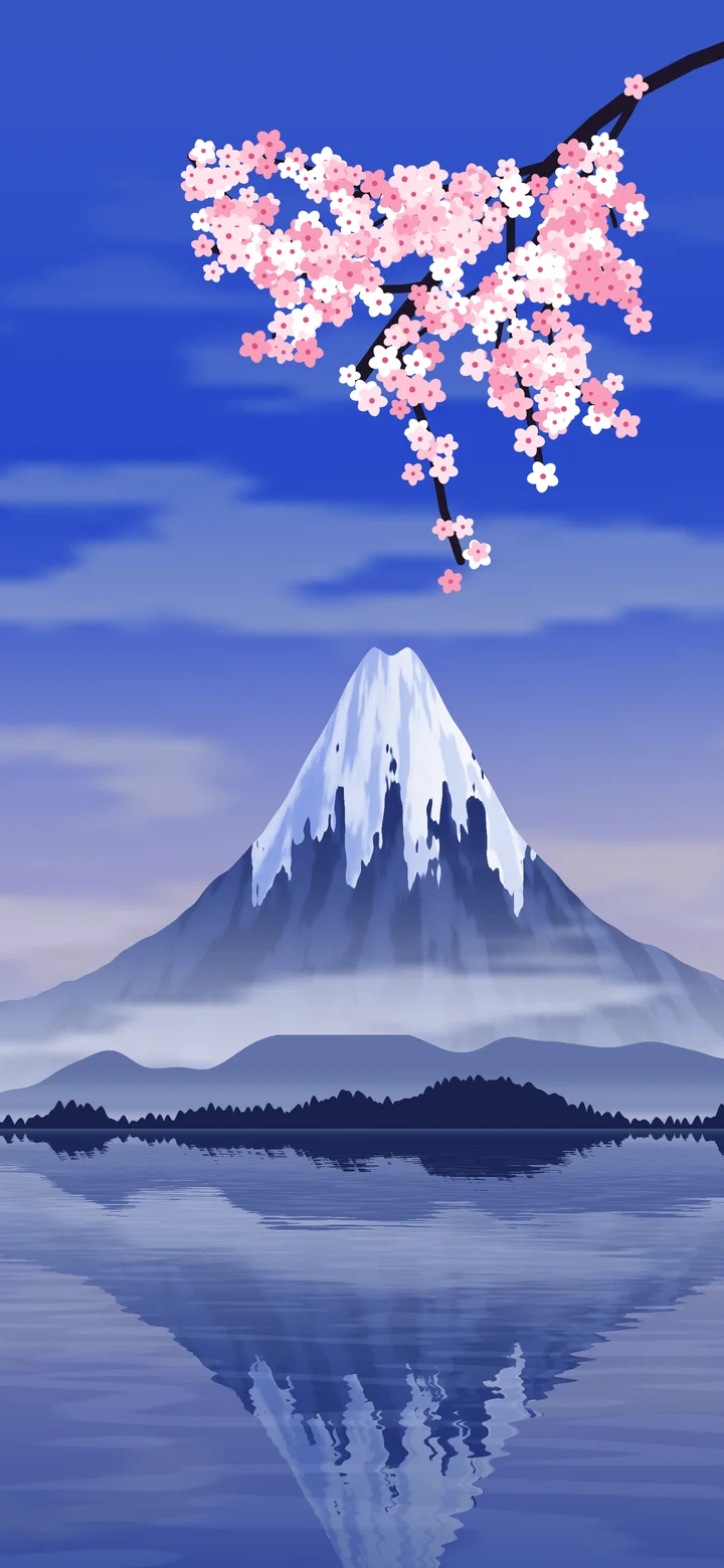 Royal Blue Japanese Mountain and Cherry Blossom wallpaper for iPhone and Android