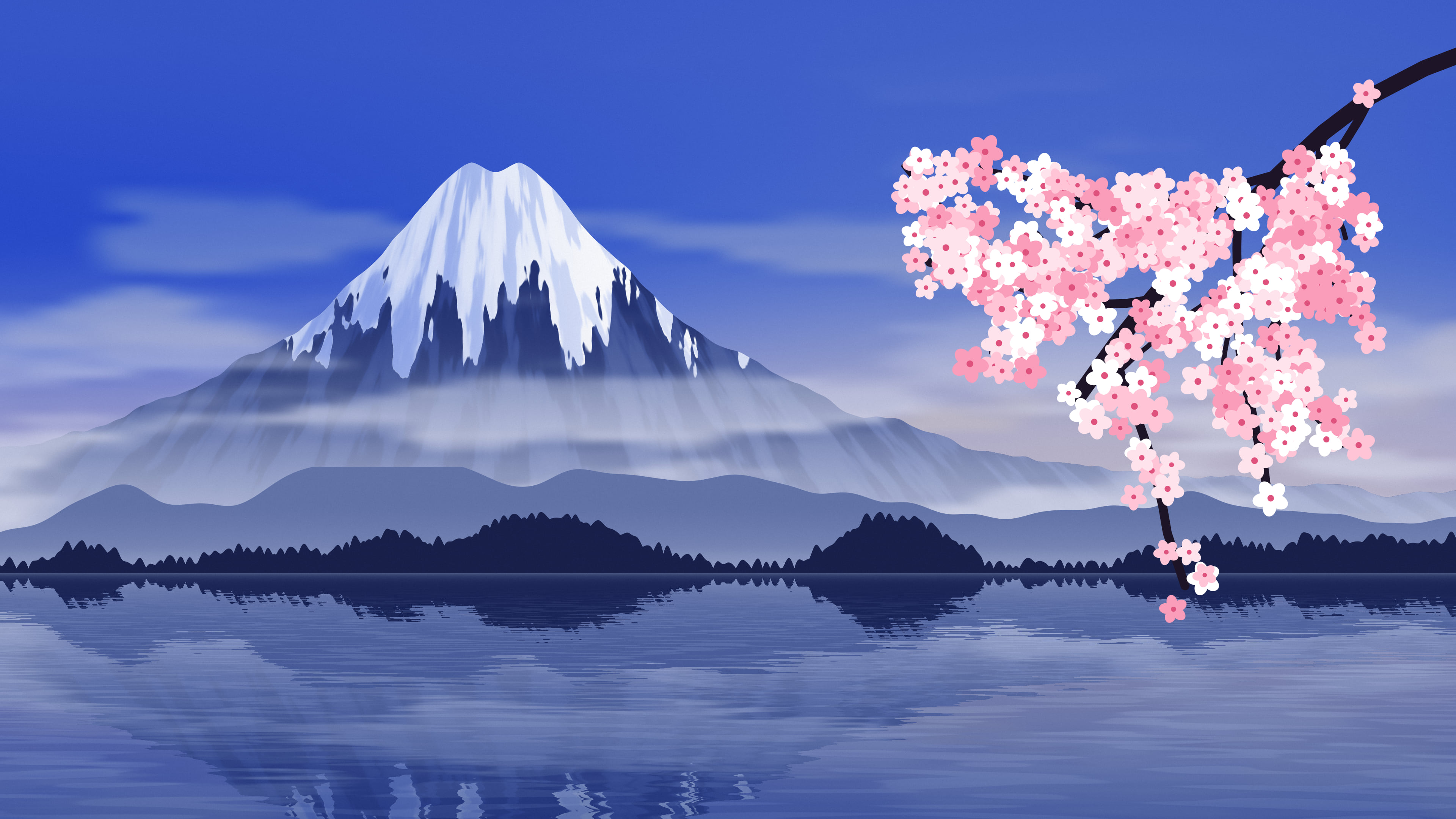 Royal Blue Japanese Mountain and Cherry Blossom desktop wallpaper in 4K