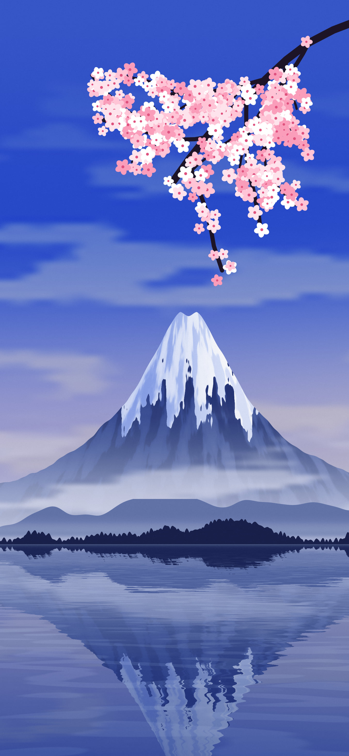 Royal Blue Japanese Mountain and Cherry Blossom wallpaper for iPhone and Android