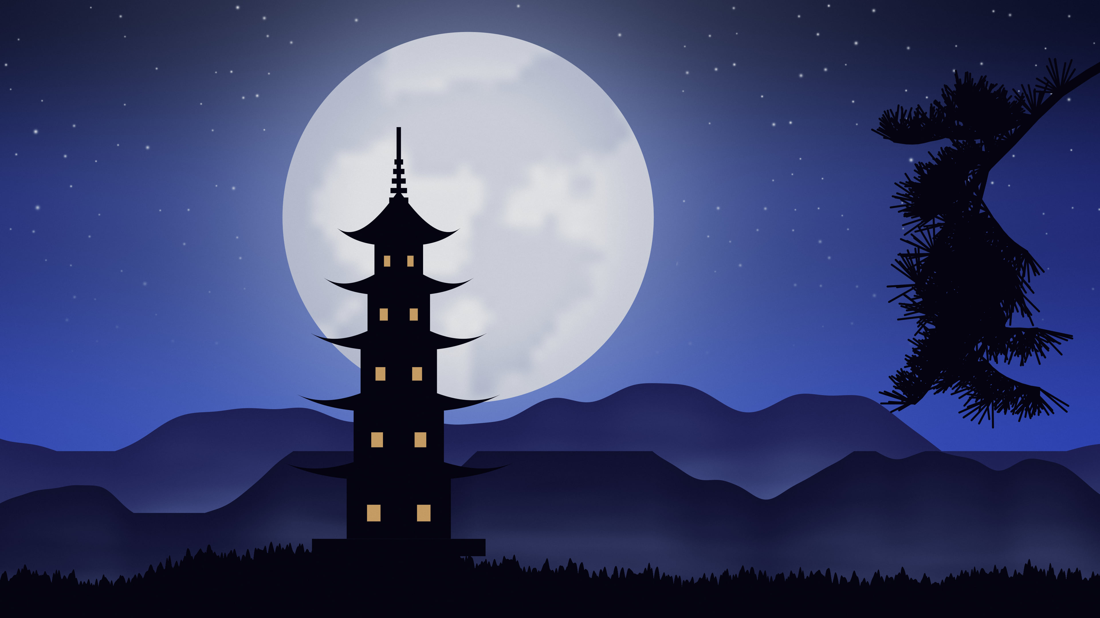 Royal Blue Japanese Pagoda and Moon desktop wallpaper in 4K