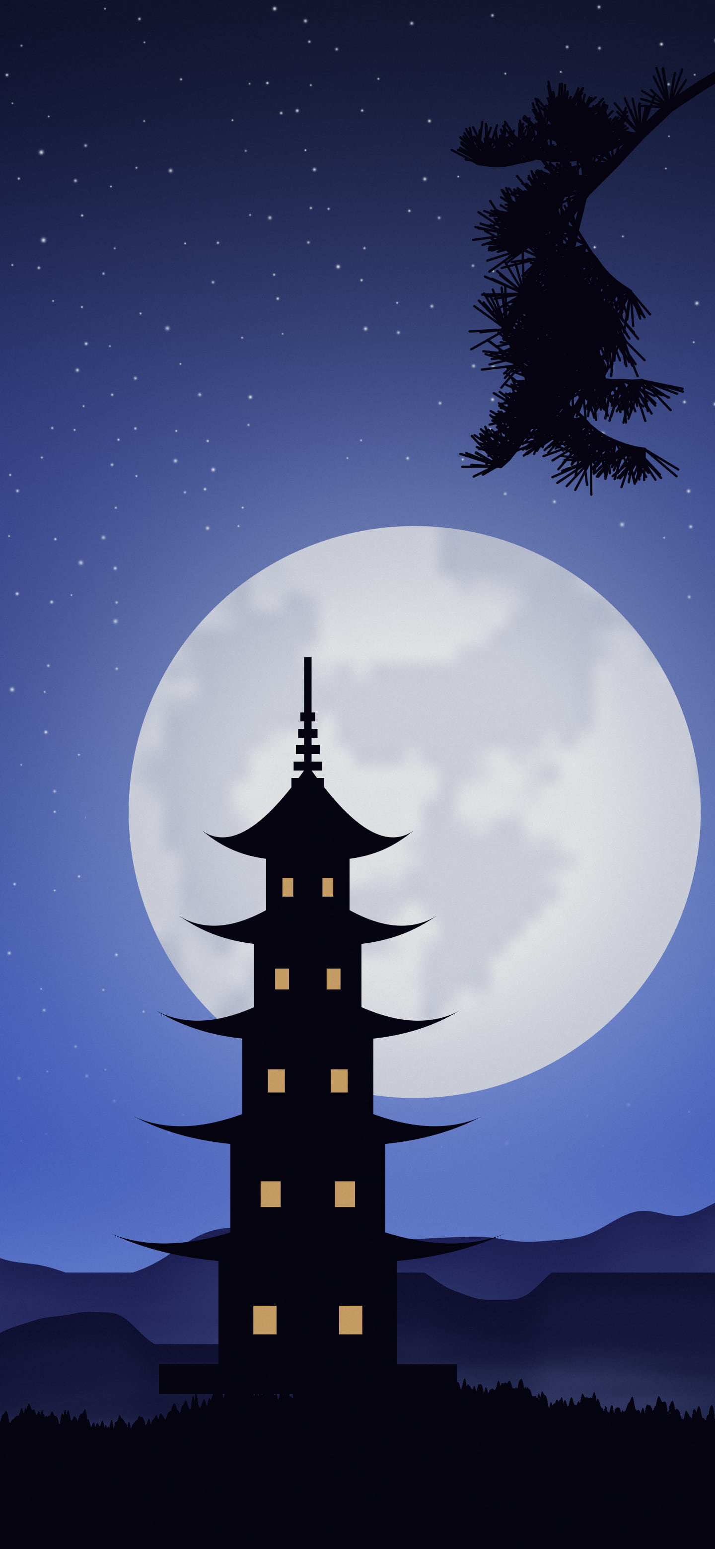 Royal Blue Japanese Pagoda and Moon wallpaper for iPhone and Android