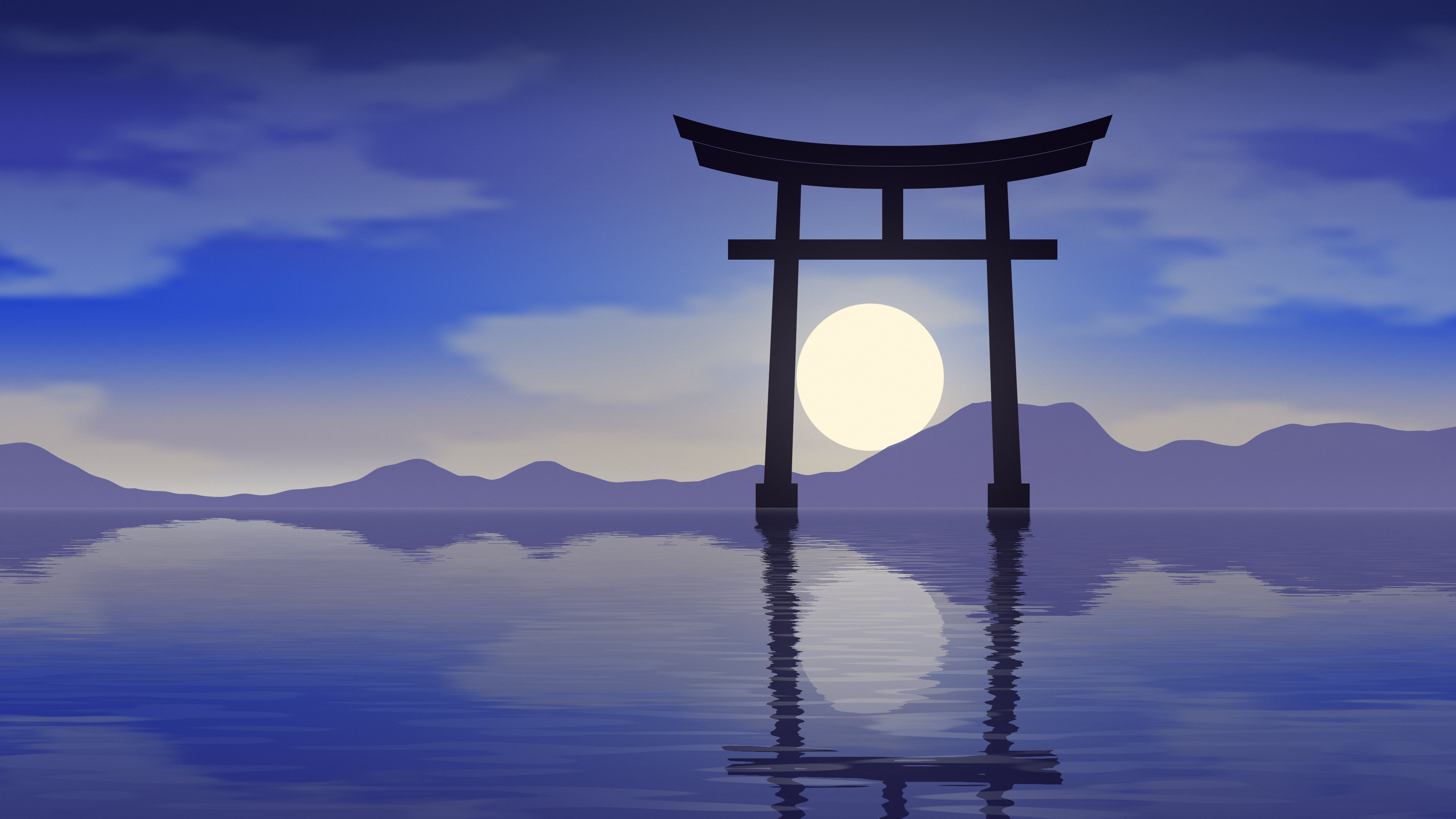Royal Blue Japanese Torii Gate Sunset desktop wallpaper in 4K