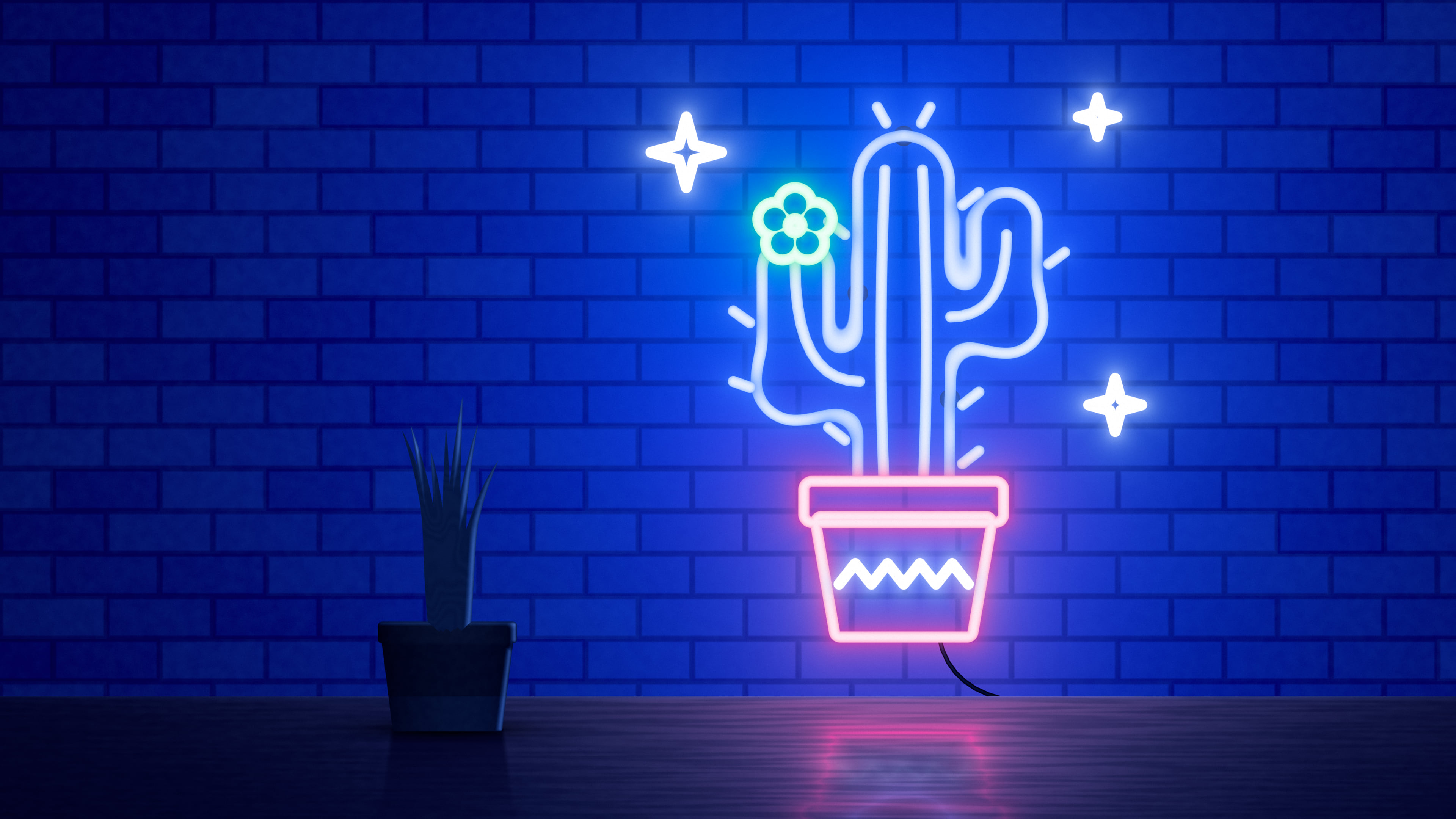 Royal Blue Neon Cactus desktop wallpaper in 4K