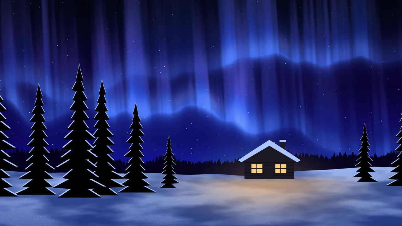 Royal Blue Northern Lights Cabin desktop wallpaper in 4K