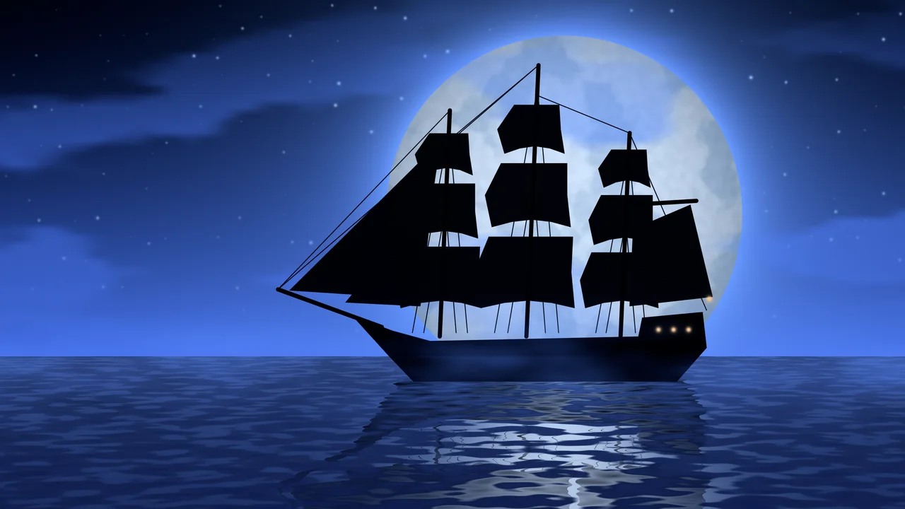 Royal Blue Pirate Ship and Full Moon desktop wallpaper in 4K