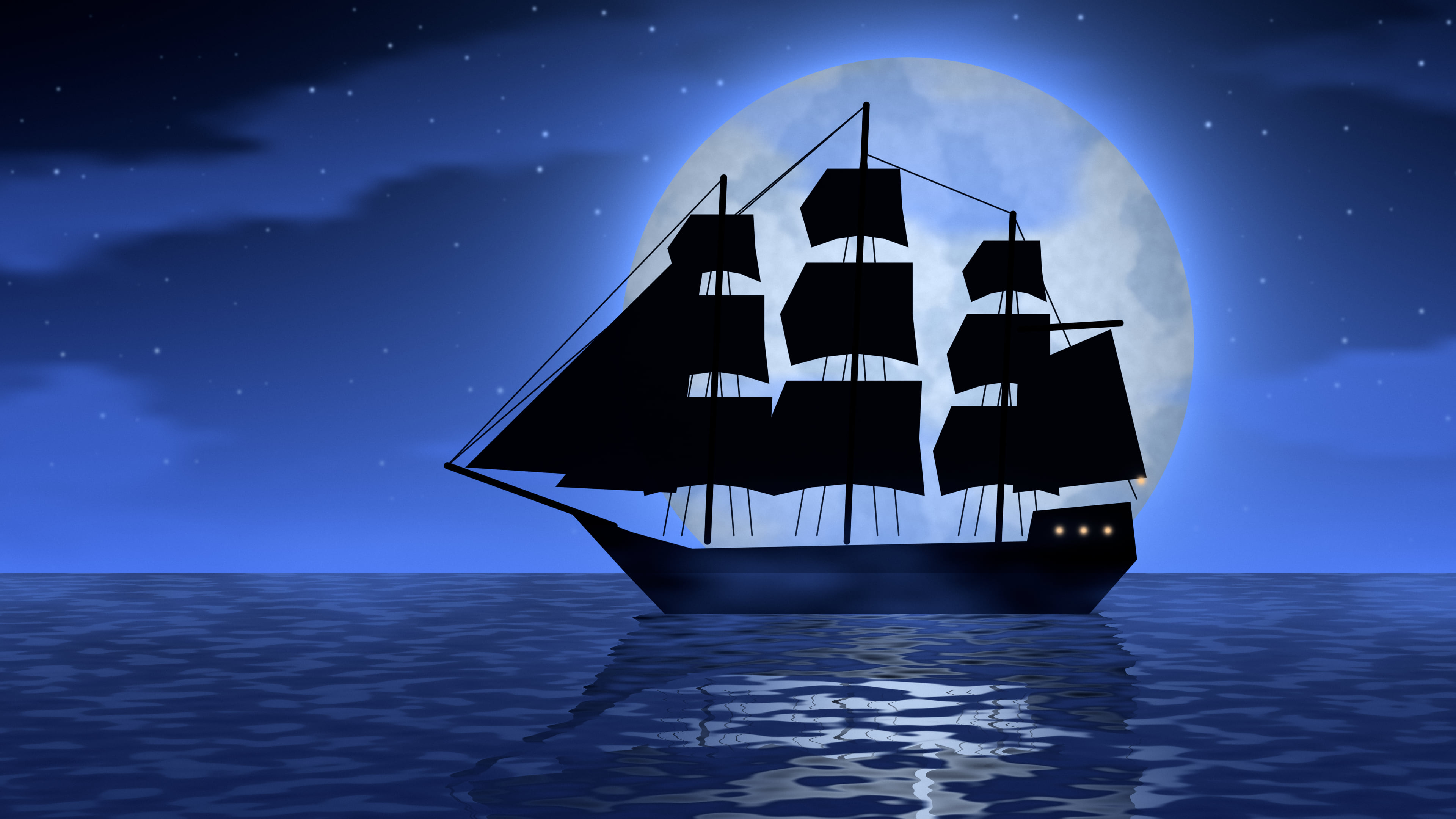 Royal Blue Pirate Ship and Full Moon desktop wallpaper in 4K