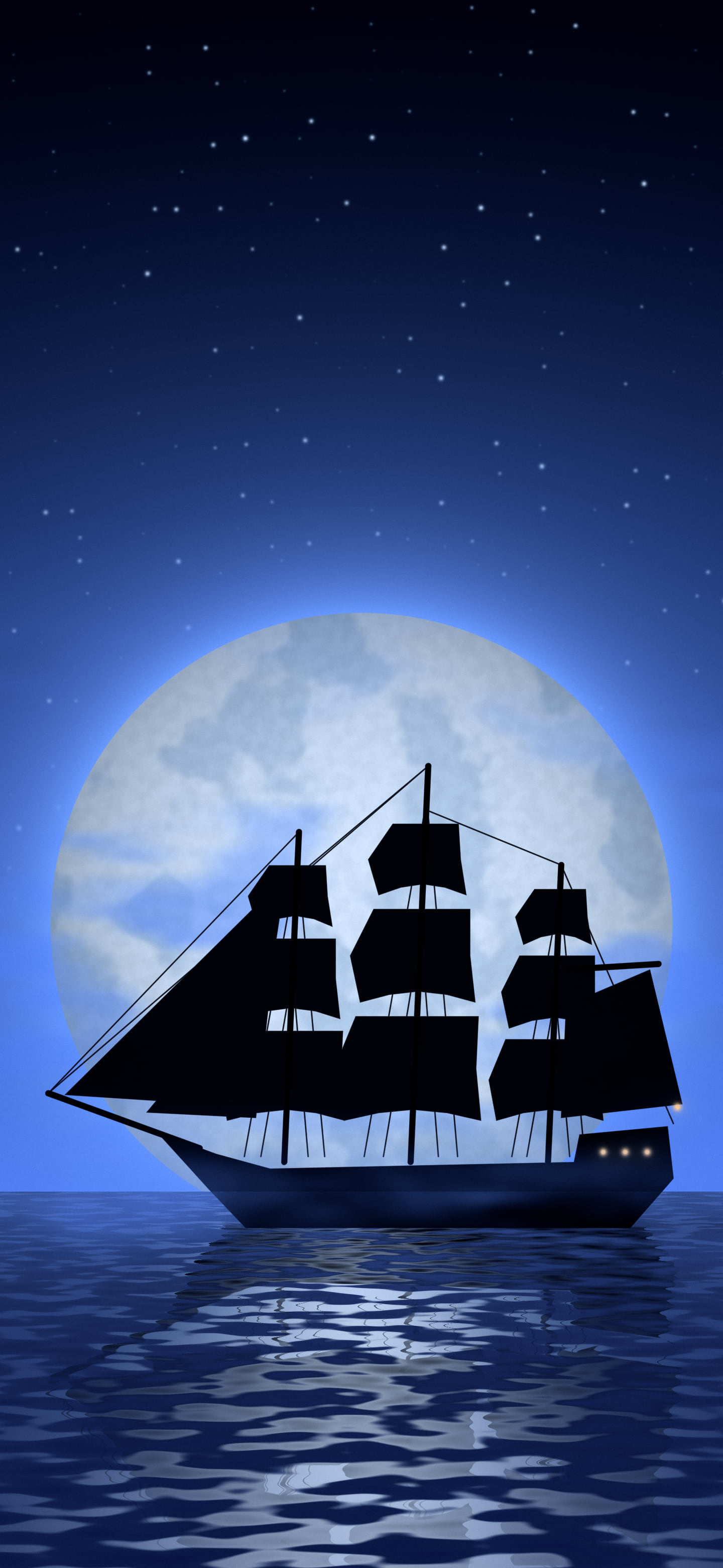 Royal Blue Pirate Ship and Full Moon wallpaper for iPhone and Android