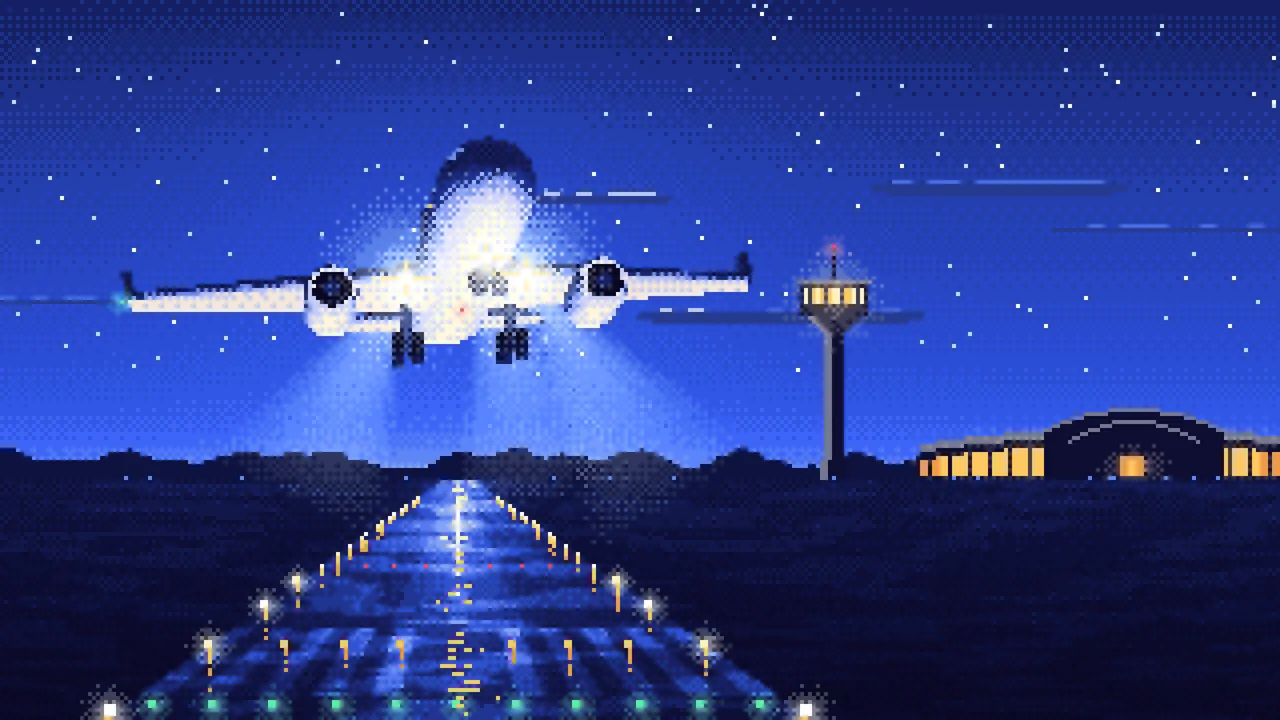 Royal Blue Pixel Art Airplane Landing at Night desktop wallpaper in 4K