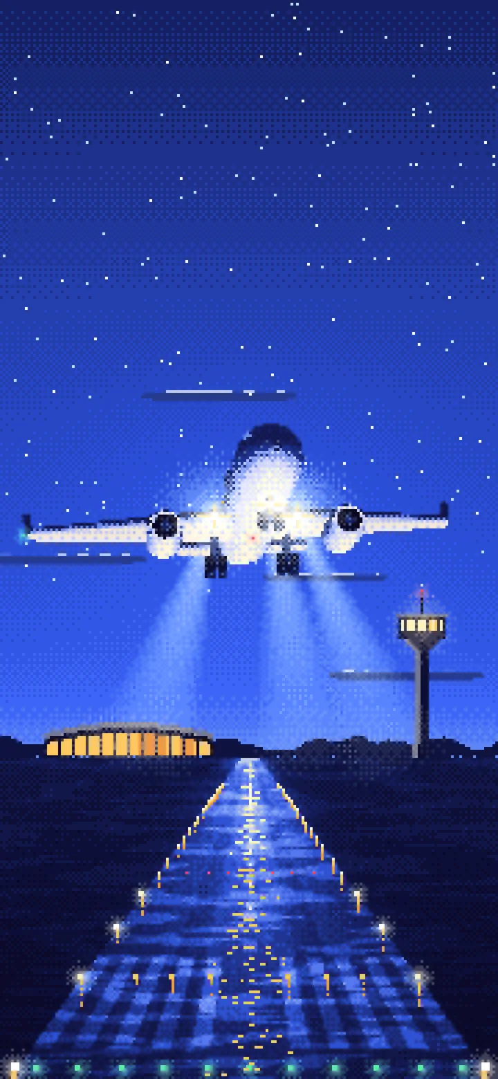 Royal Blue Pixel Art Airplane Landing at Night wallpaper for iPhone and Android