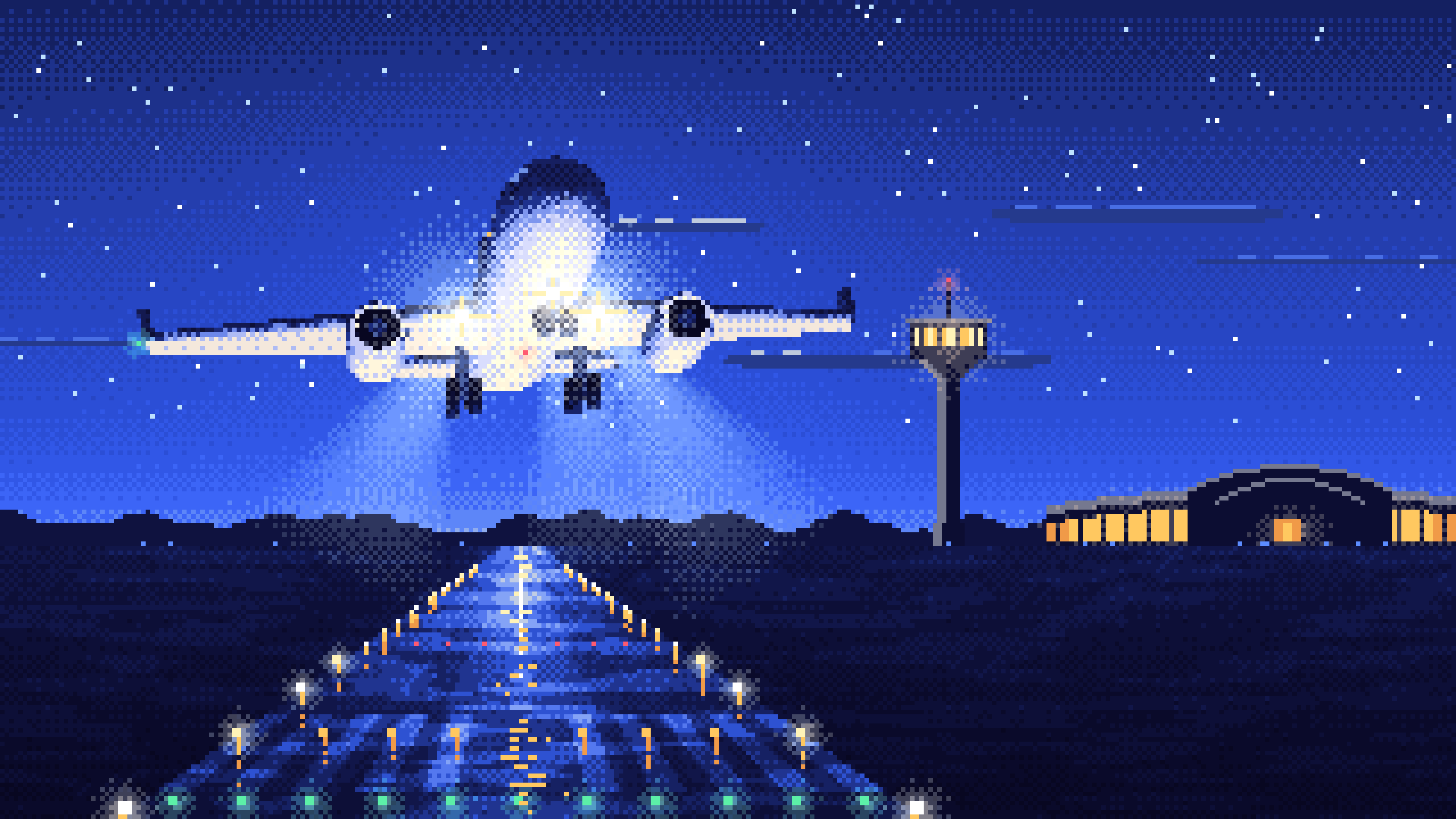 Royal Blue Pixel Art Airplane Landing at Night desktop wallpaper in 4K