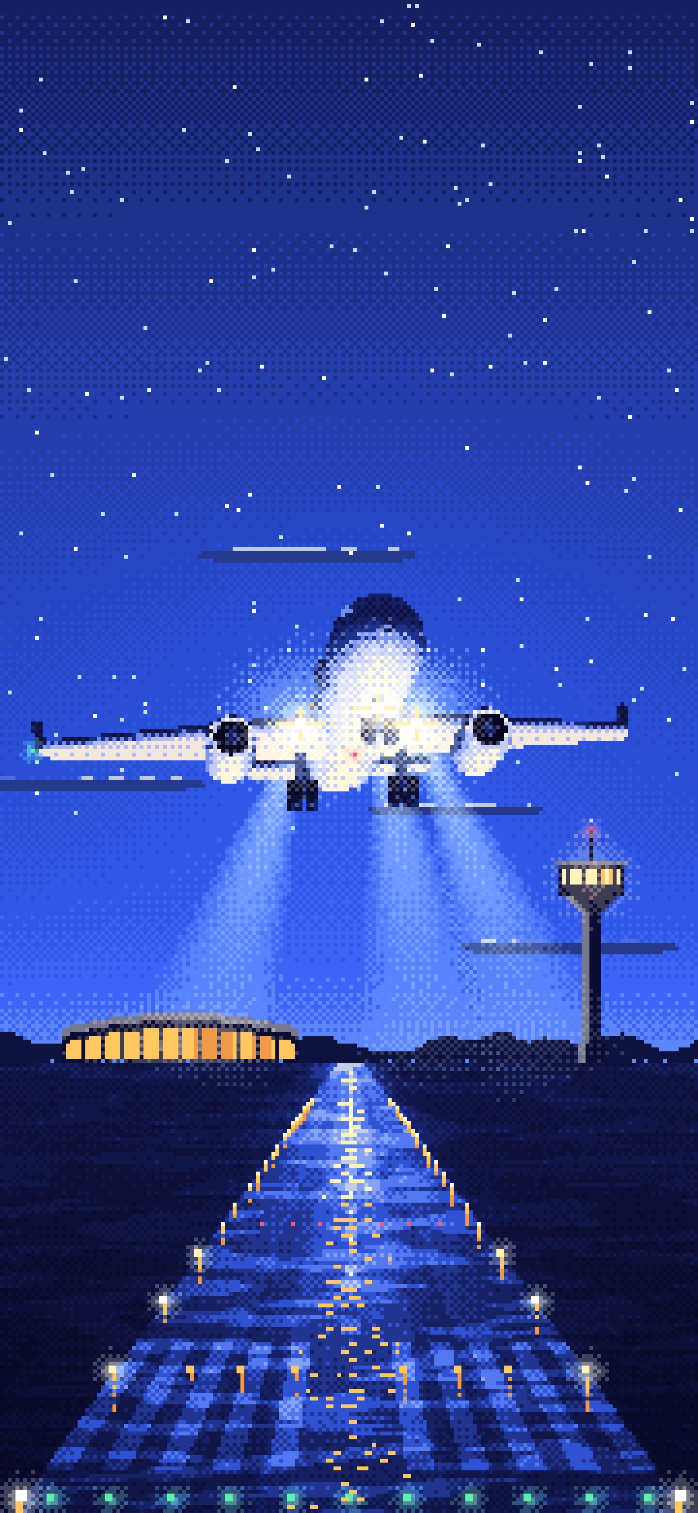 Royal Blue Pixel Art Airplane Landing at Night wallpaper for iPhone and Android