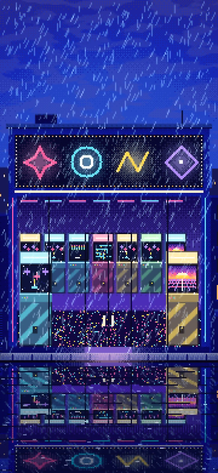 Royal Blue Pixel Art Arcade at Night in the Rain wallpaper for iPhone and Android