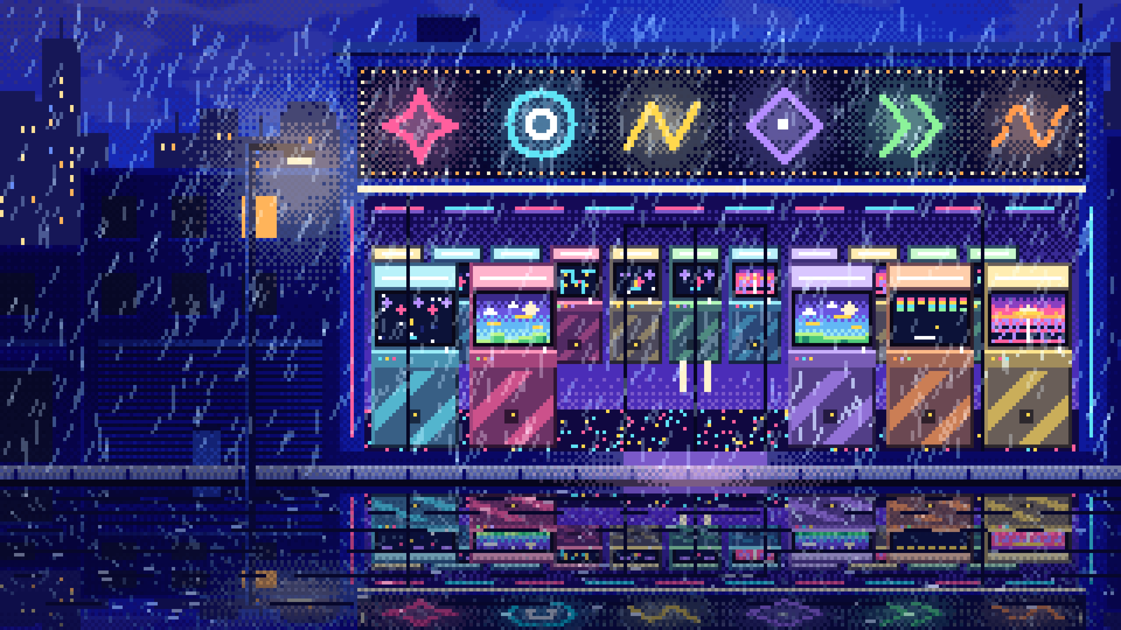 Royal Blue Pixel Art Arcade at Night in the Rain desktop wallpaper in 4K