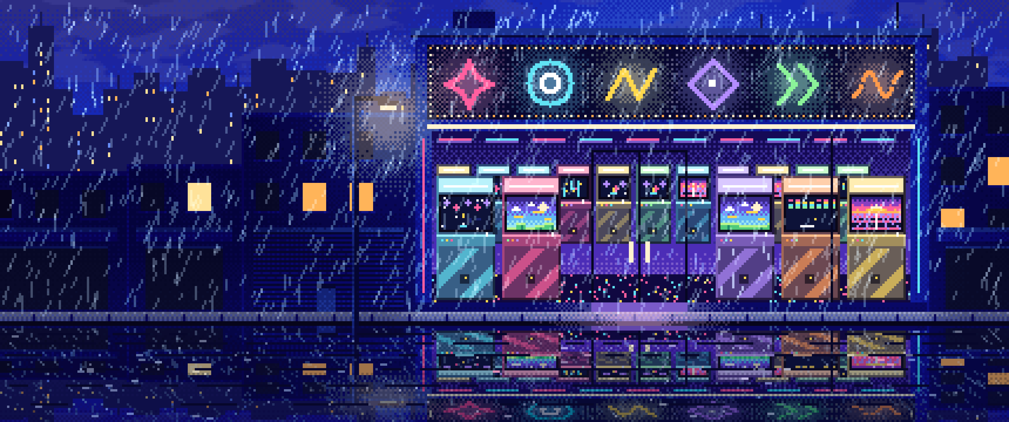 Royal Blue Pixel Art Arcade at Night in the Rain ultrawide wallpaper, 3440 × 1440