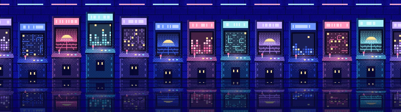 Royal Blue Pixel Art Arcade dual monitor wallpaper, 7680 × 2160