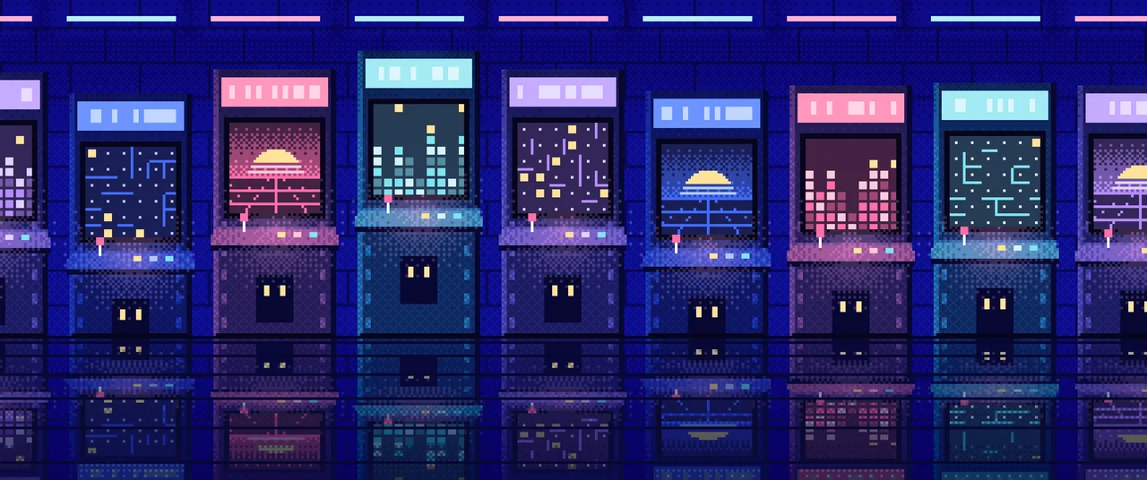 Royal Blue Pixel Art Arcade ultrawide wallpaper, 3440 × 1440
