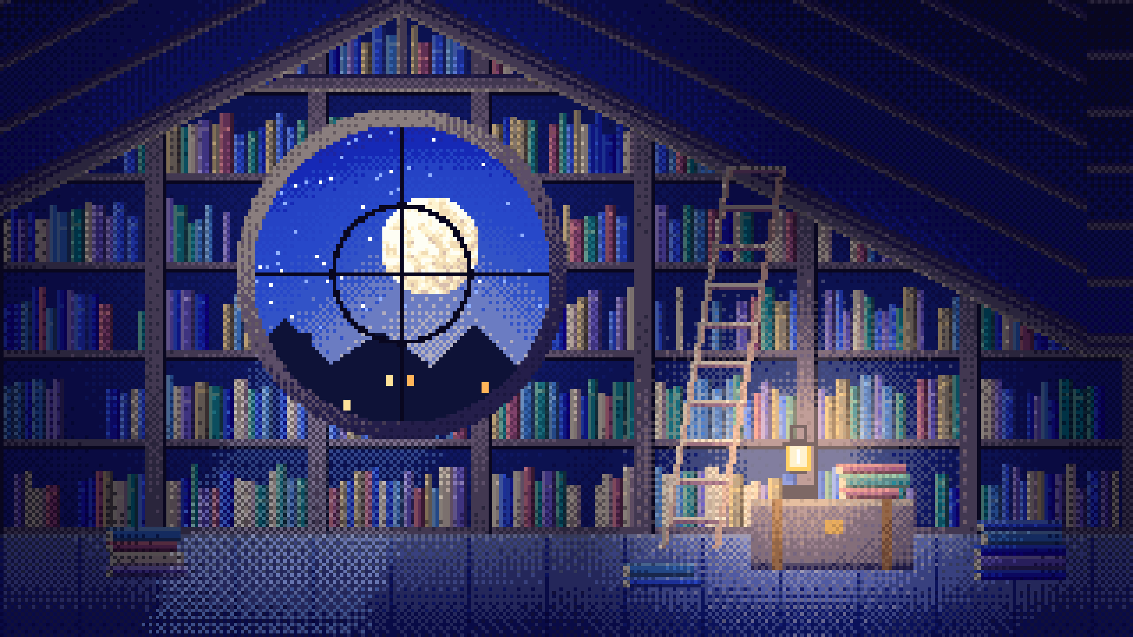 Royal Blue Pixel Art Attic Library and Moon desktop wallpaper in 4K