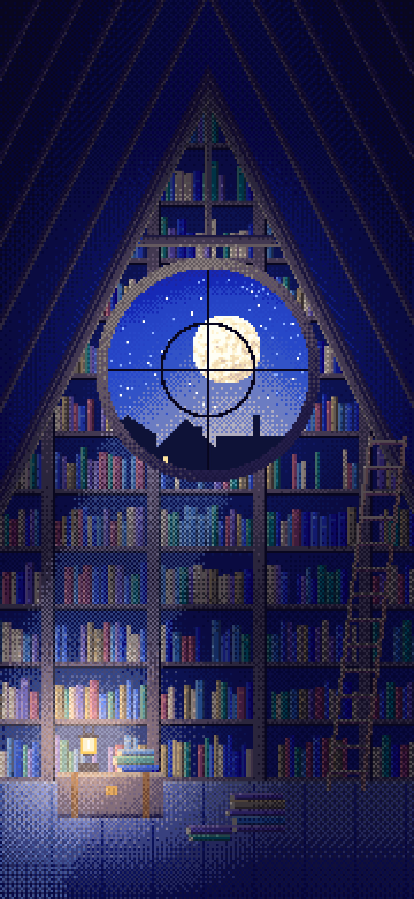 Royal Blue Pixel Art Attic Library and Moon wallpaper for iPhone and Android