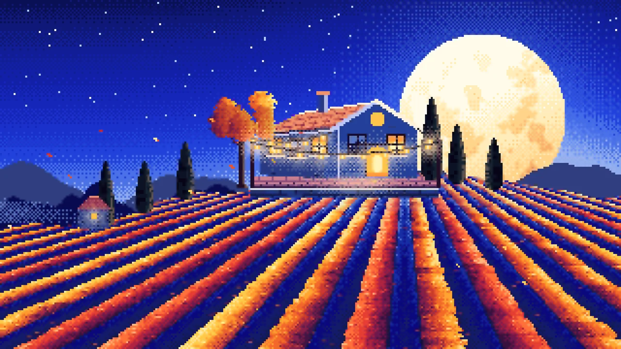 Royal Blue Pixel Art Autumn Vineyard under a Harvest Moon desktop wallpaper in 4K