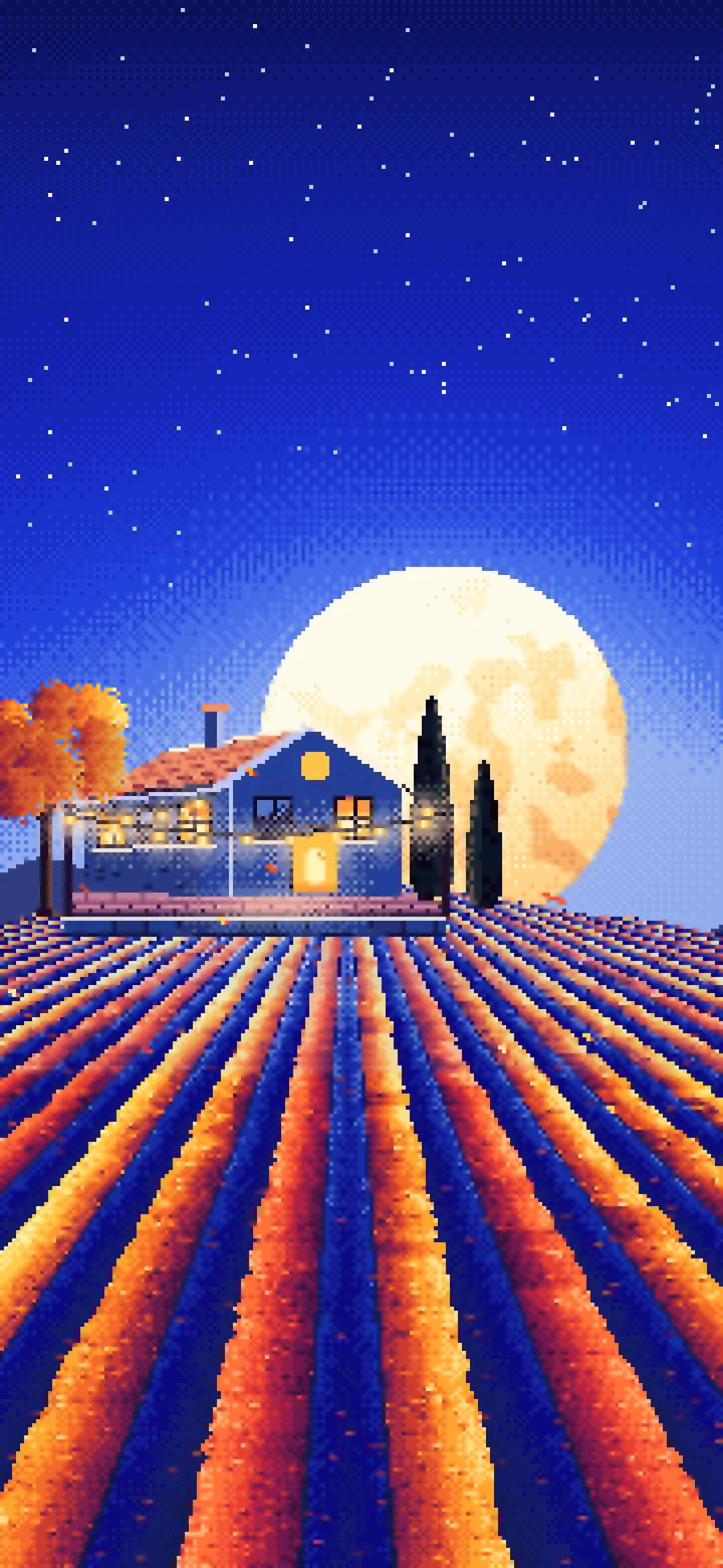 Royal Blue Pixel Art Autumn Vineyard under a Harvest Moon wallpaper for iPhone and Android