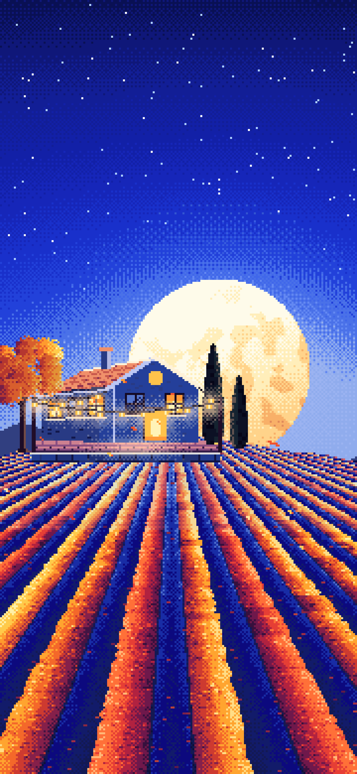 Royal Blue Pixel Art Autumn Vineyard under a Harvest Moon wallpaper for iPhone and Android