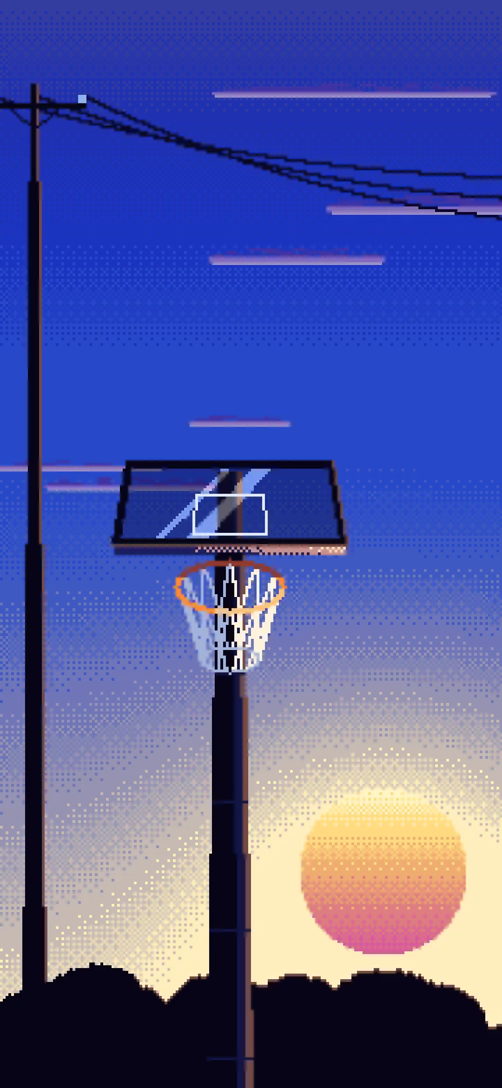 Royal Blue Pixel Art Basketball Hoop at Sunset wallpaper for iPhone and Android