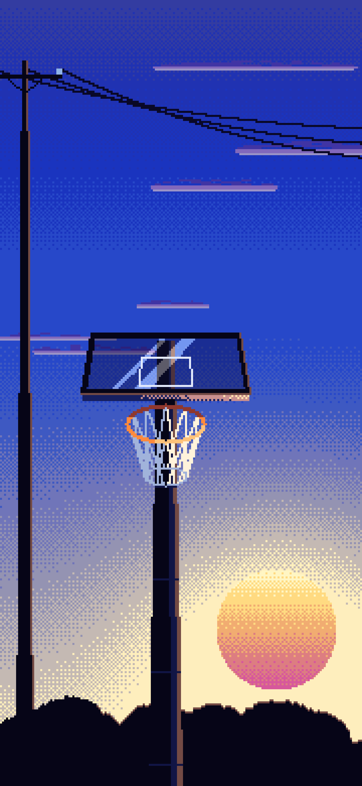 Royal Blue Pixel Art Basketball Hoop at Sunset wallpaper for iPhone and Android
