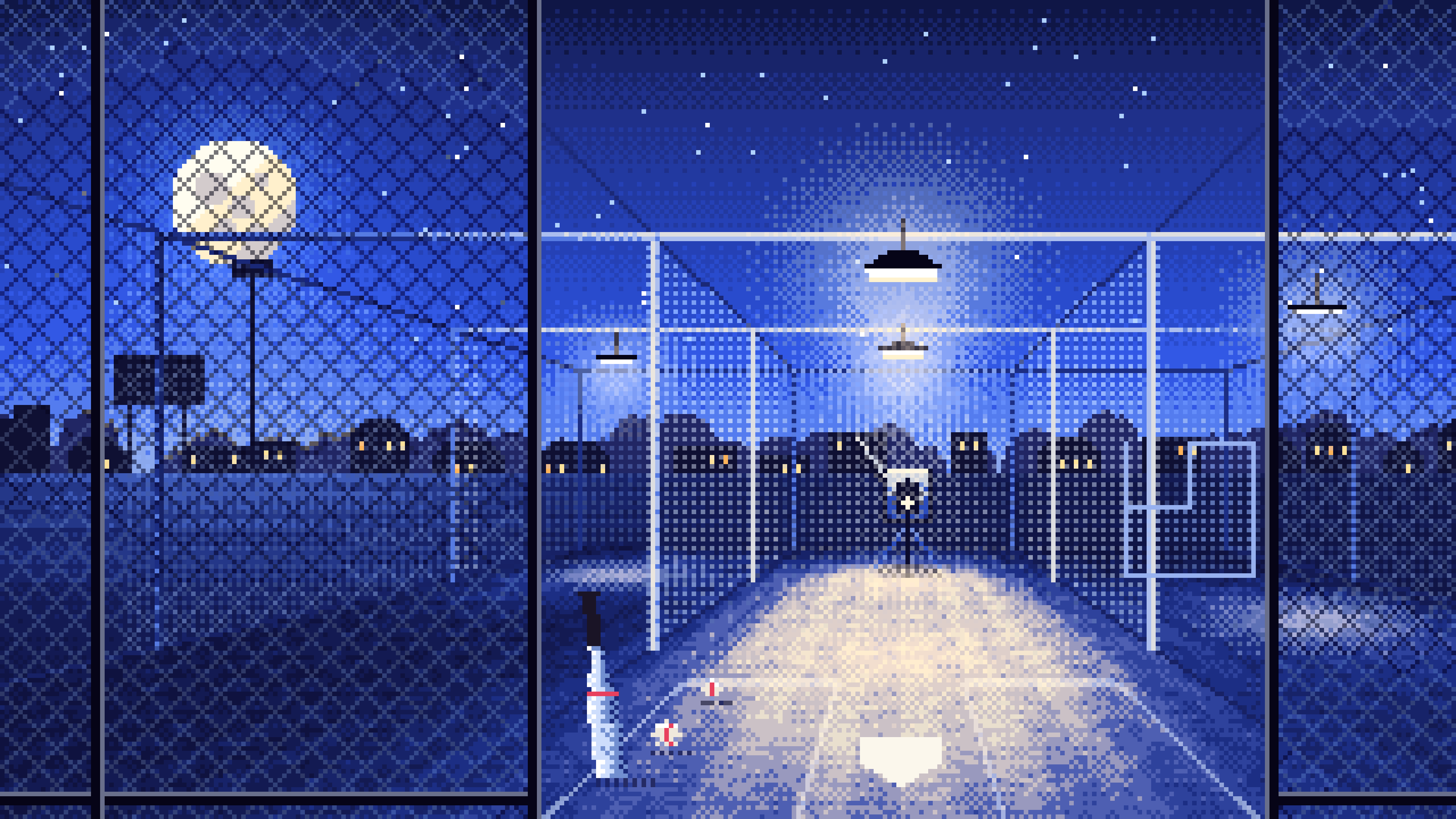 Royal Blue Pixel Art Batting Cage at Night desktop wallpaper in 4K