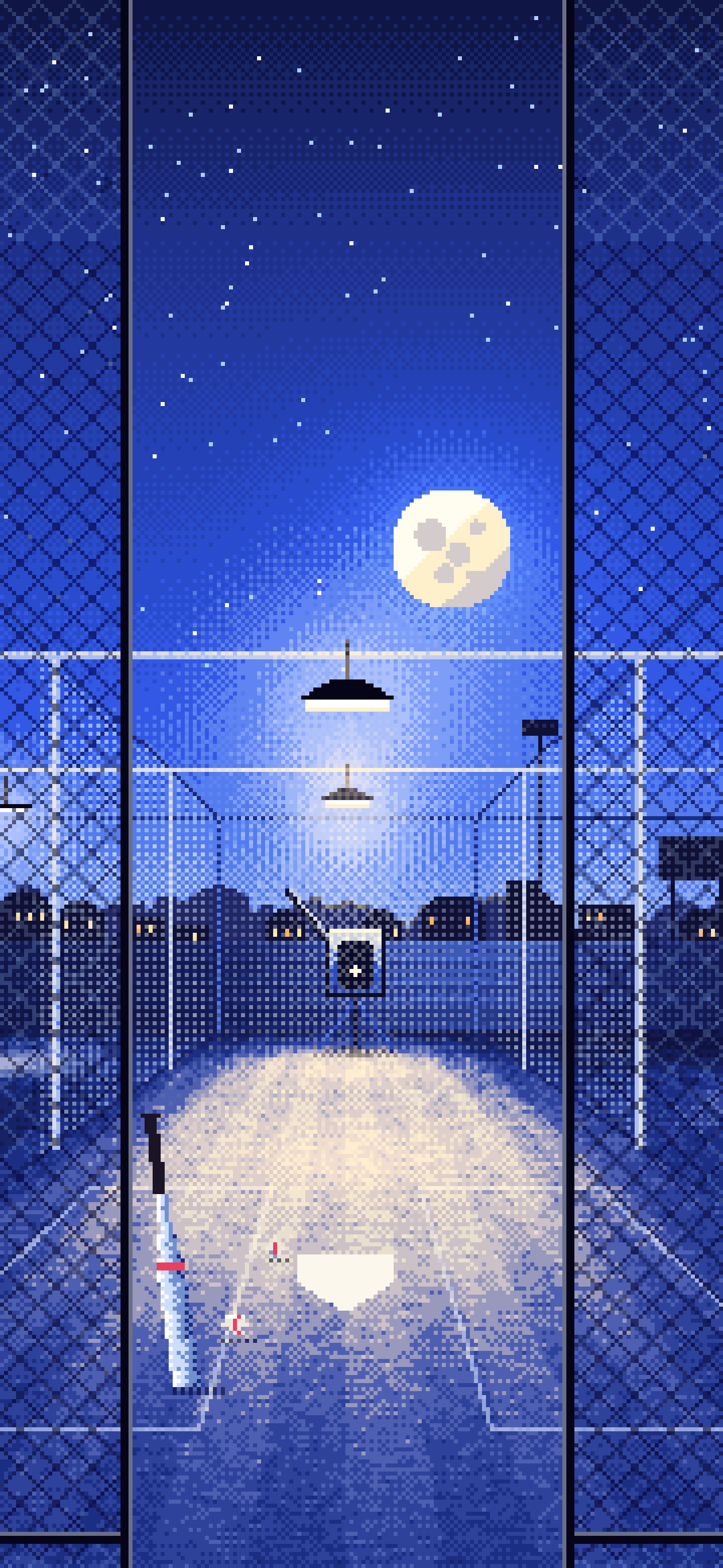 Royal Blue Pixel Art Batting Cage at Night wallpaper for iPhone and Android