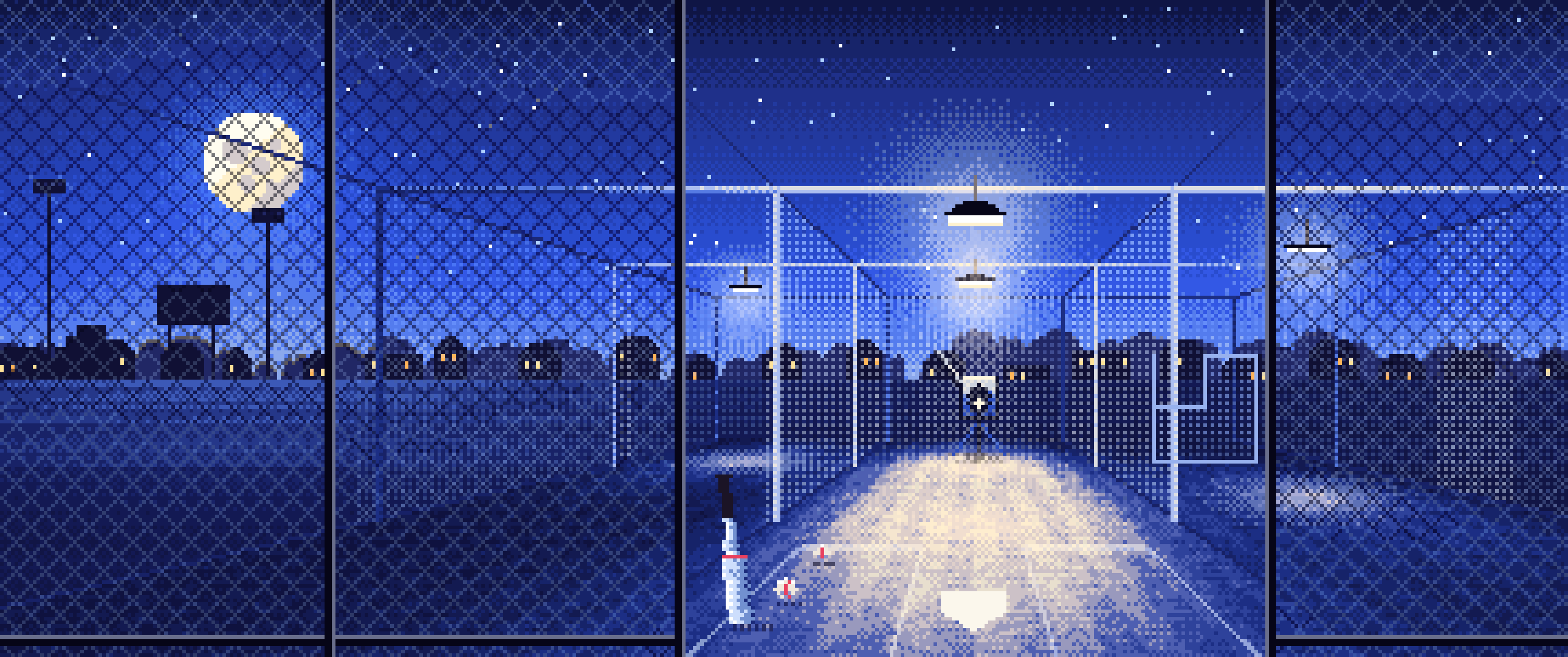 Royal Blue Pixel Art Batting Cage at Night ultrawide wallpaper, 3440 × 1440