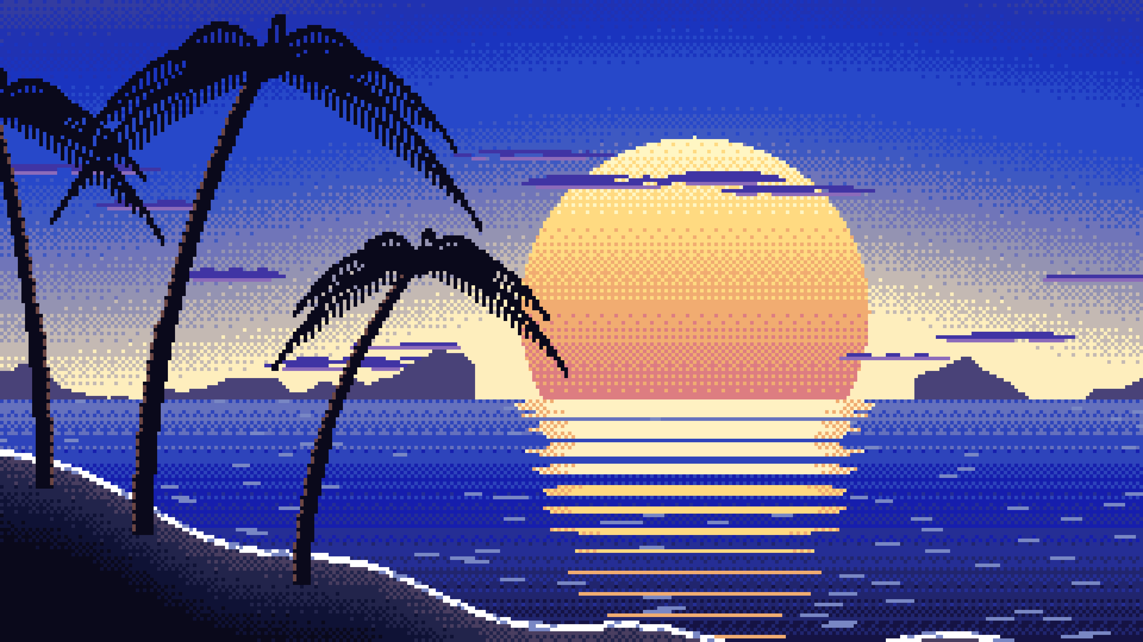 Royal Blue Pixel Art Beach Sunset desktop wallpaper in 4K